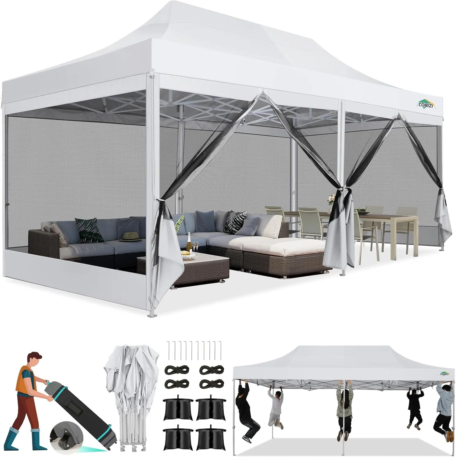 COBIZI 10x20 Canopy Tent, Heavy Duty Pop up Canopy with Sidewalls, Waterproof Easy Setup Canopy with Mosquito Netting, Outdoor Instant Screen Tents for Parties, Wedding with Roller Bag, White