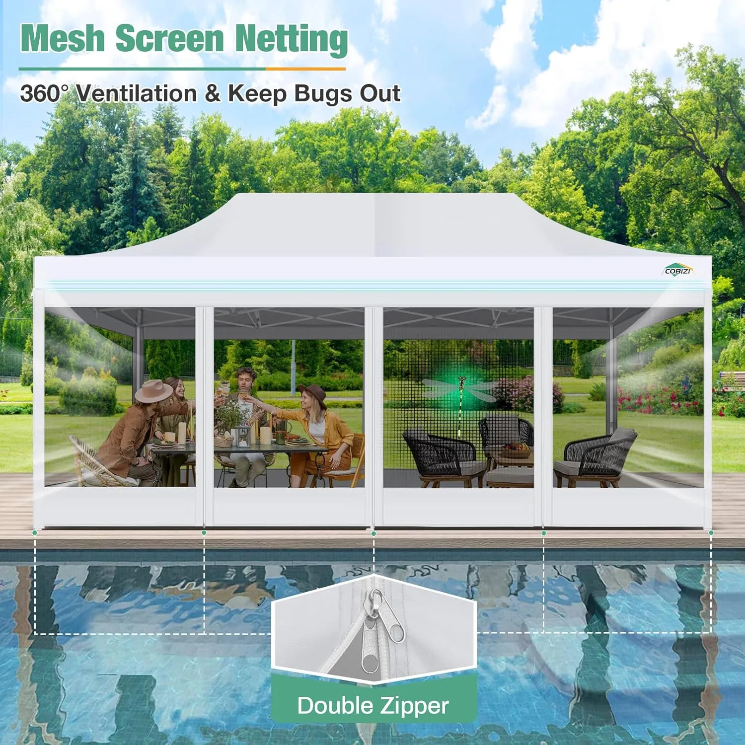 COBIZI 10x20 Canopy Tent, Heavy Duty Pop up Canopy with Sidewalls, Waterproof Easy Setup Canopy with Mosquito Netting, Outdoor Instant Screen Tents for Parties, Wedding with Roller Bag, White