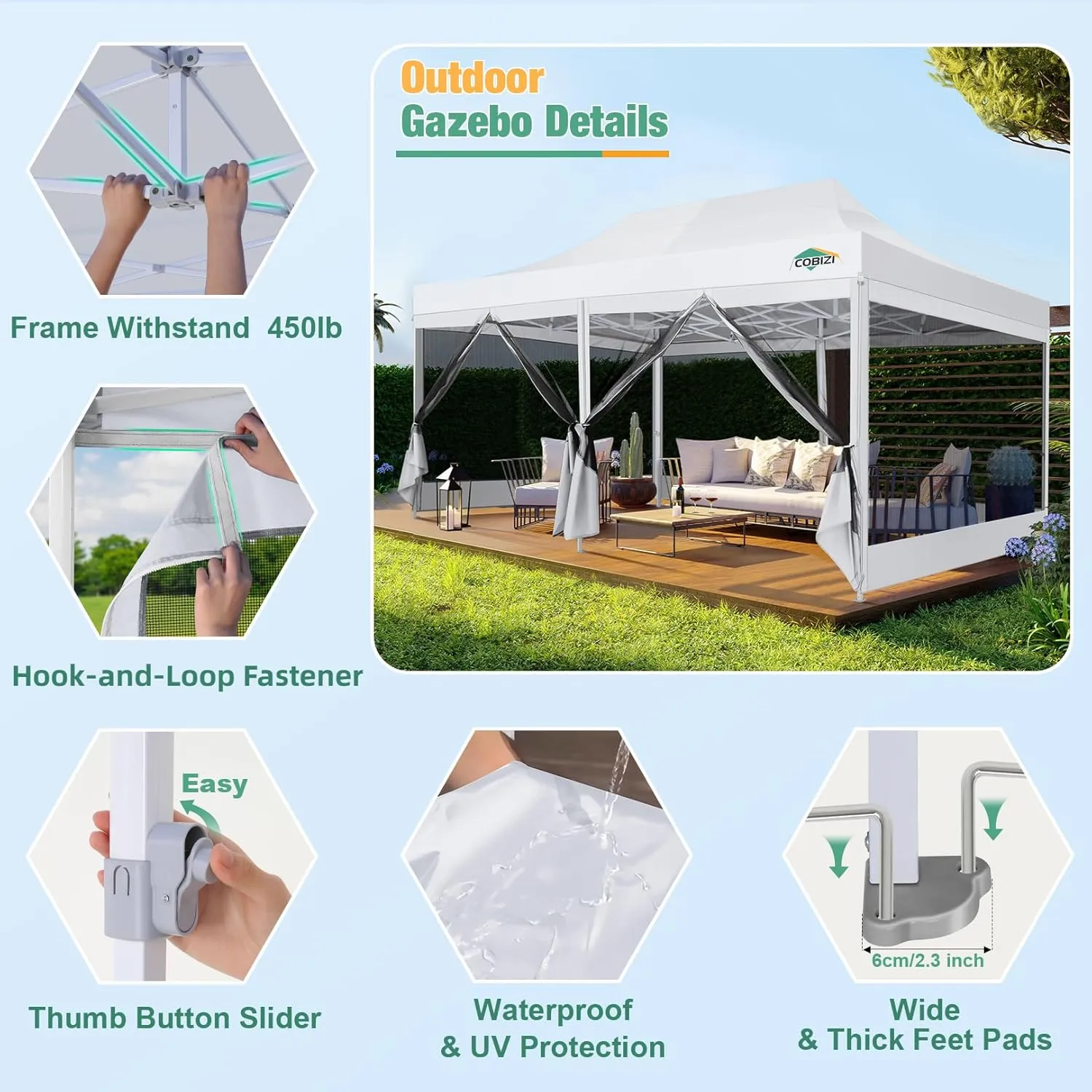 COBIZI 10x20 Canopy Tent, Heavy Duty Pop up Canopy with Sidewalls, Waterproof Easy Setup Canopy with Mosquito Netting, Outdoor Instant Screen Tents for Parties, Wedding with Roller Bag, White