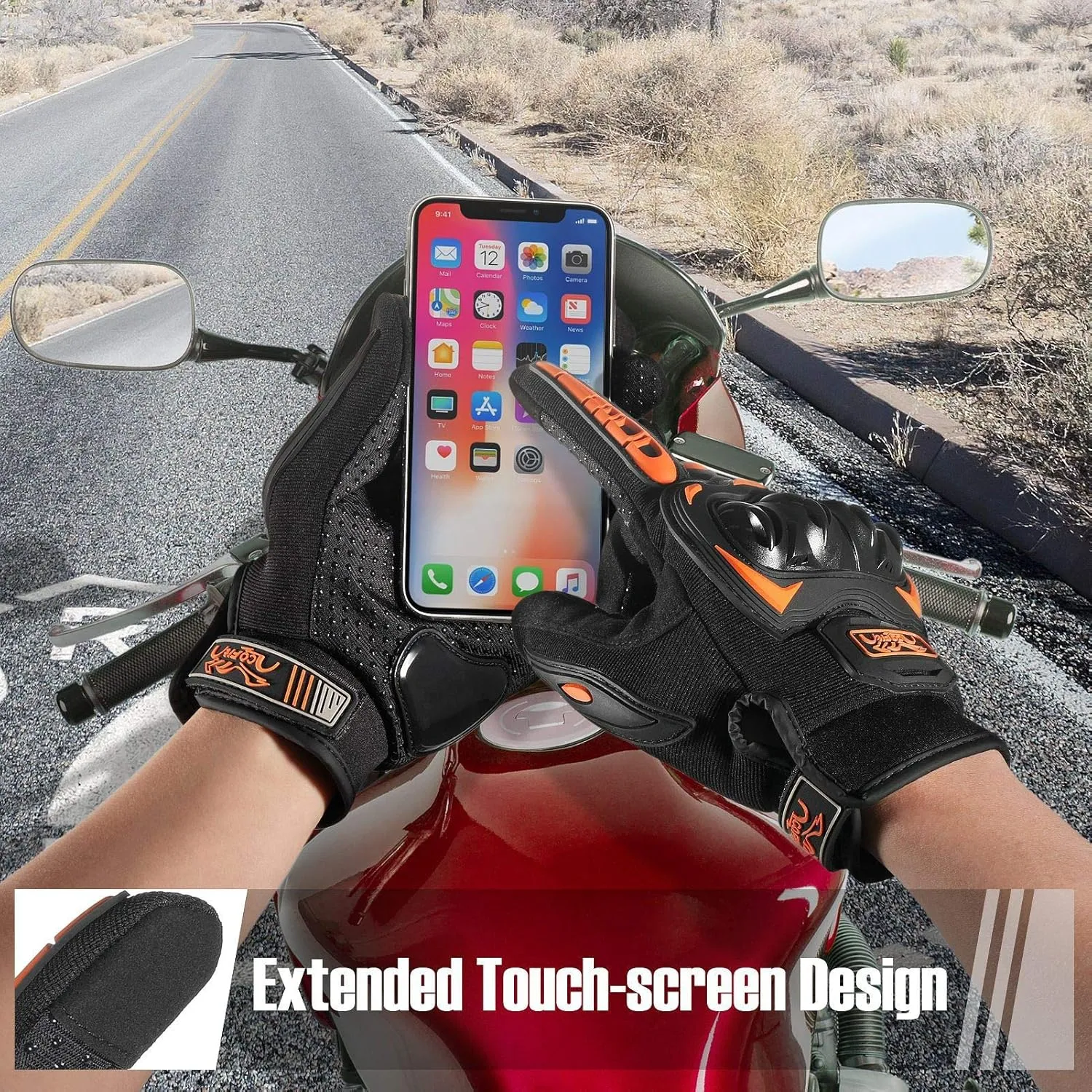 COFIT Motorcycle Gloves Breathable, Touchscreen Motorbike Gloves Anti-Slip with Good Grip Hard Knuckles Protection for Men Women Motocross, BMX ATV MTB Cycling, Road Racing - Orange L