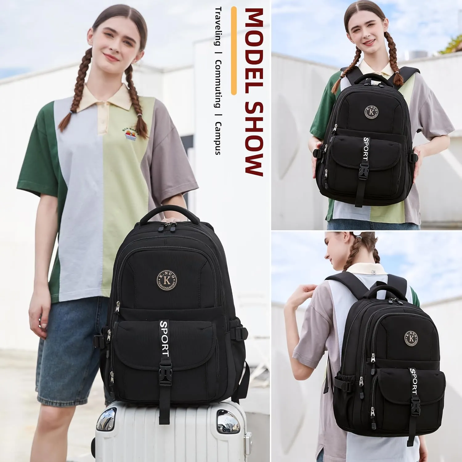 College Backpack, Travel Laptop Backpacks, Large Kids School Bag for Teens Girls Boys Students Bookbag Fit for 15.6 Inch Computer Waterproof Business Work Back Pack for Women Men Daypack Black