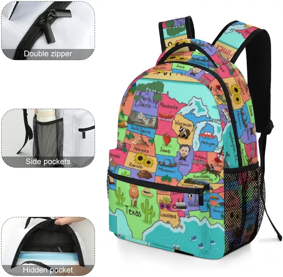 Colorful American Map Kids Backpack, Daypack Bag for Men Women Boys Girls Travel School One Size