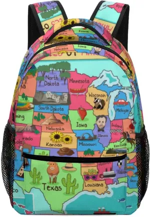 Colorful American Map Kids Backpack, Daypack Bag for Men Women Boys Girls Travel School One Size