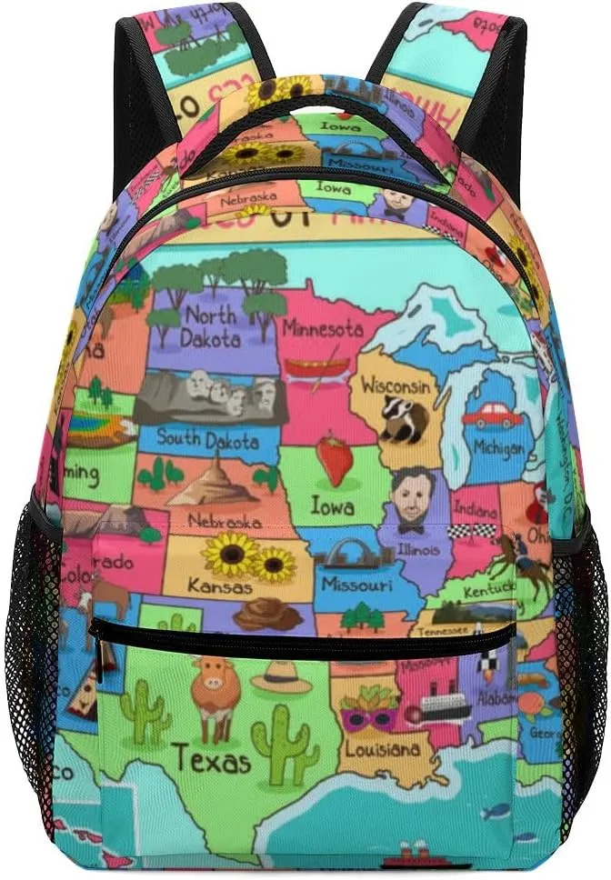 Colorful American Map Kids Backpack, Daypack Bag for Men Women Boys Girls Travel School One Size