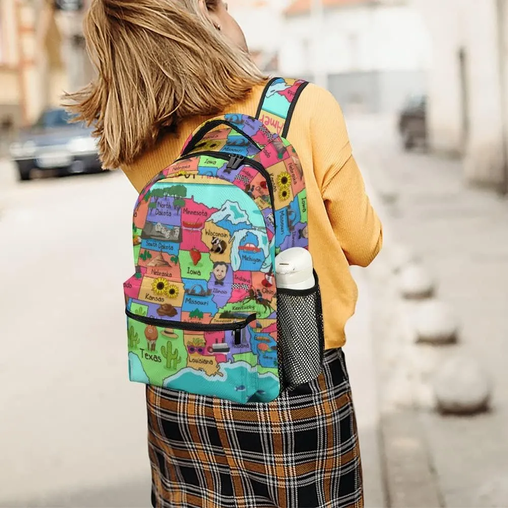 Colorful American Map Kids Backpack, Daypack Bag for Men Women Boys Girls Travel School One Size