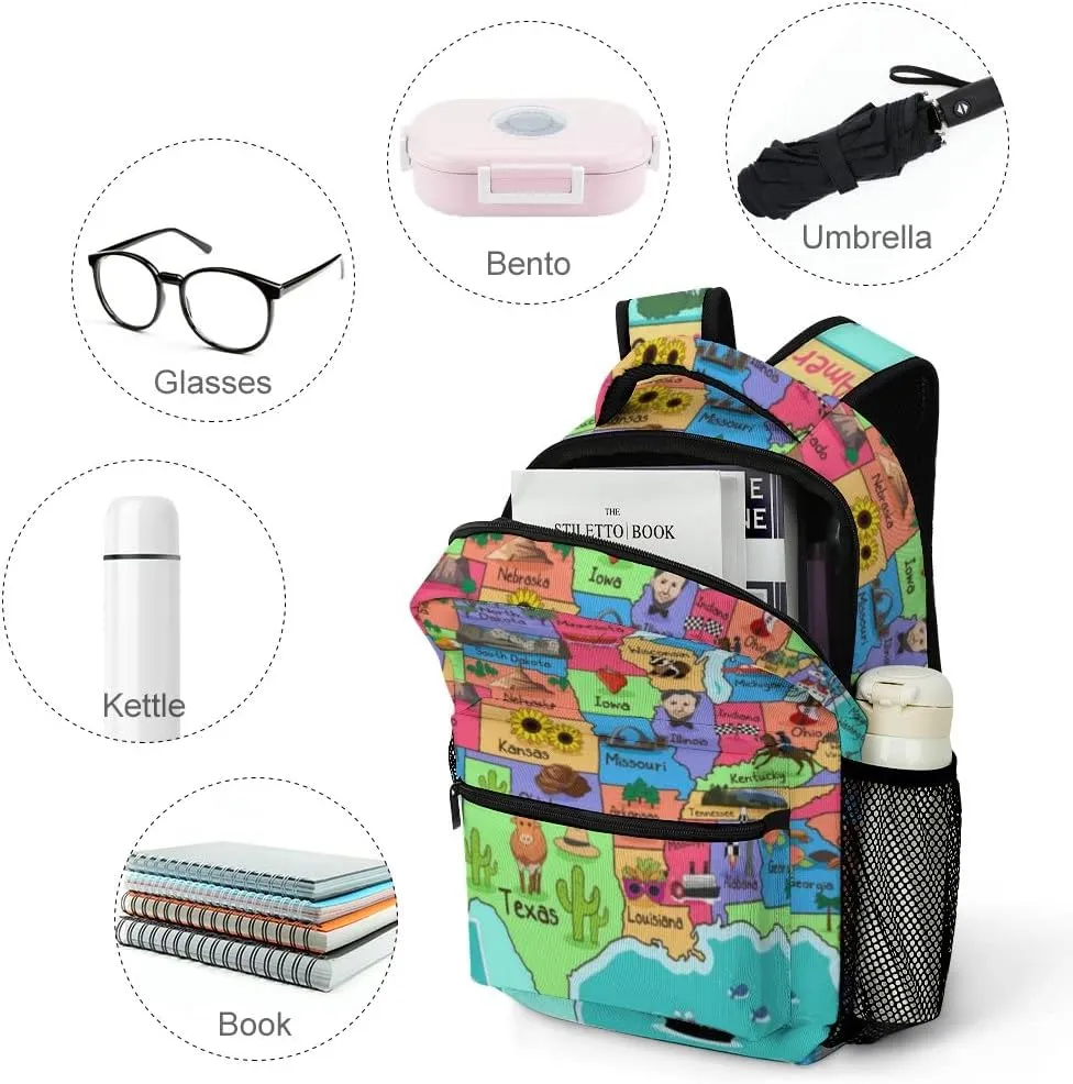 Colorful American Map Kids Backpack, Daypack Bag for Men Women Boys Girls Travel School One Size