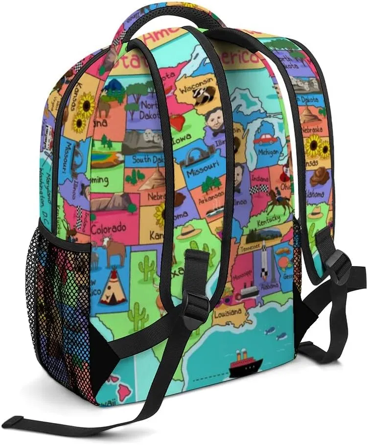 Colorful American Map Kids Backpack, Daypack Bag for Men Women Boys Girls Travel School One Size