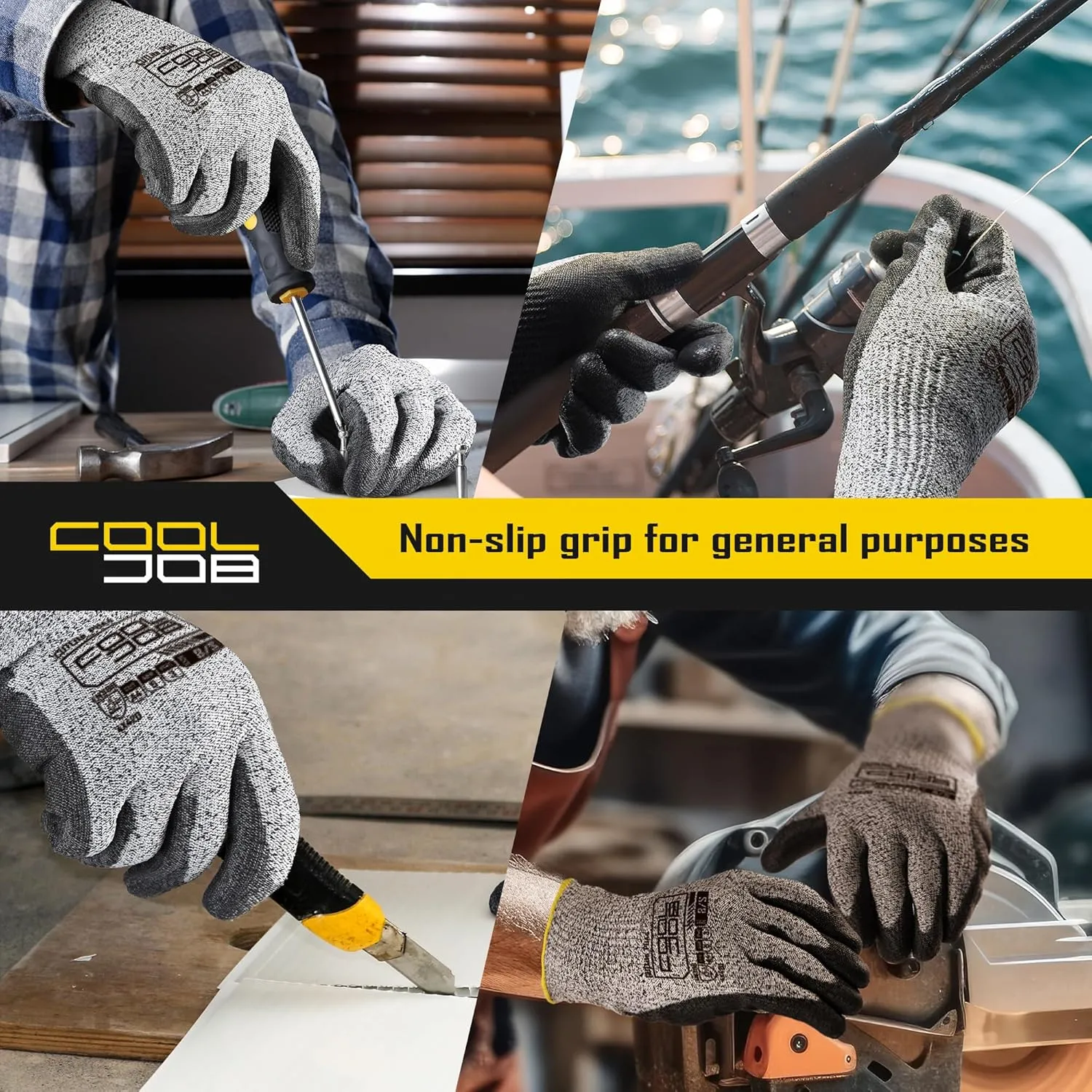 COOLJOB 12/120 Pairs Cut Resistant Safety Work Gloves with Grip, 13 Gauge Seamless Shell with PU Coating, ANSI A2 A4 A6, Gray