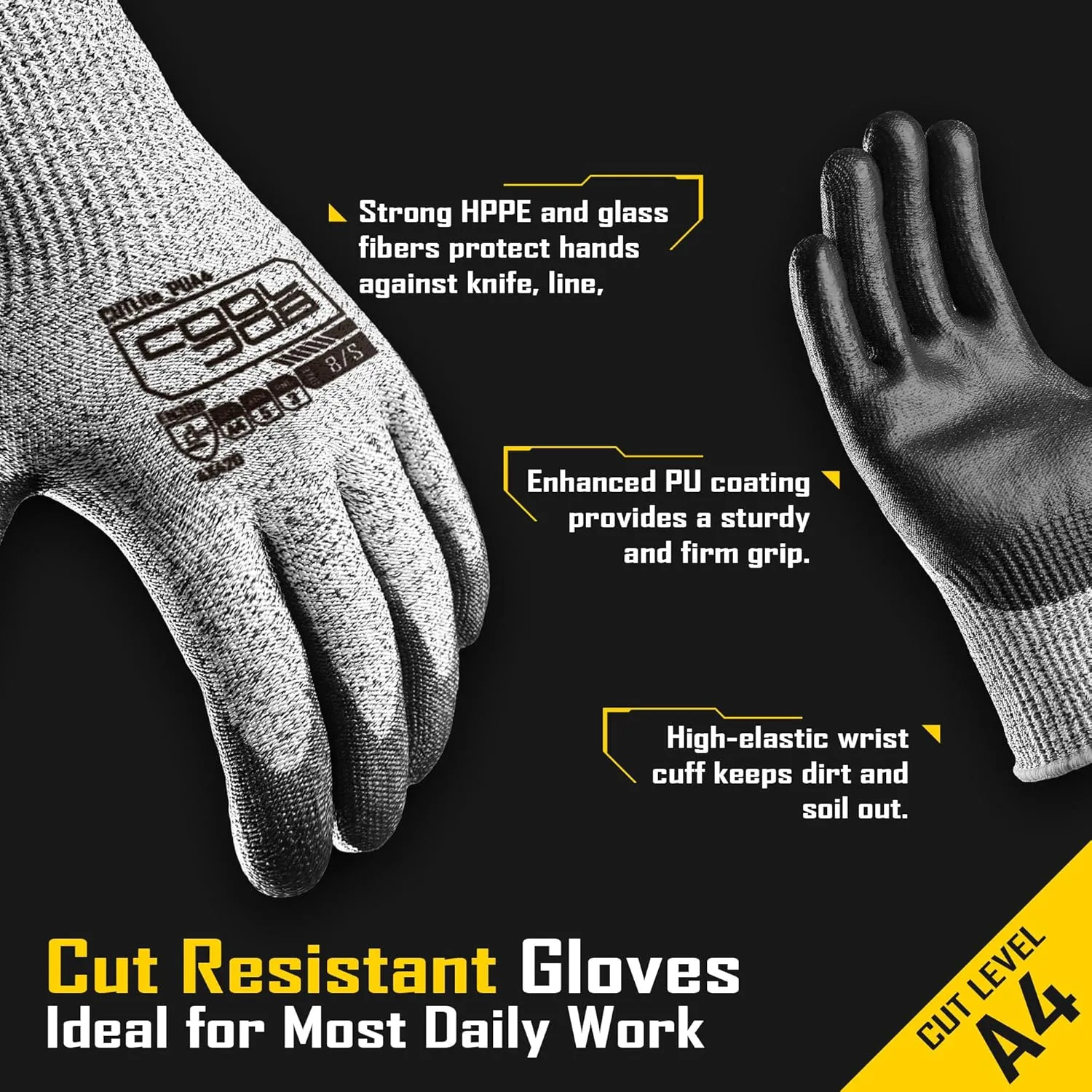 COOLJOB 12/120 Pairs Cut Resistant Safety Work Gloves with Grip, 13 Gauge Seamless Shell with PU Coating, ANSI A2 A4 A6, Gray