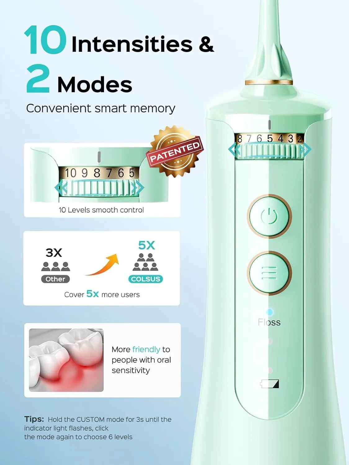 COSLUS Cordless Water Flosser & Dental Pick for Teeth, Braces, Gums Care - Advanced 10 Pressure Settings for Multiple Users, Rechargeable, Portable for Travel, BPA-Free, Green, E40(WFP14)
