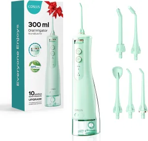 COSLUS Cordless Water Flosser & Dental Pick for Teeth, Braces, Gums Care - Advanced 10 Pressure Settings for Multiple Users, Rechargeable, Portable for Travel, BPA-Free, Green, E40(WFP14)