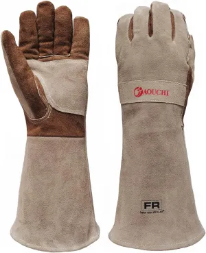Cowhide BBQ Welding Gloves, Long Sleeve Fireproof and Heat Resistant Mitts for Barbecue, Firefighting, Fireplace, Oven