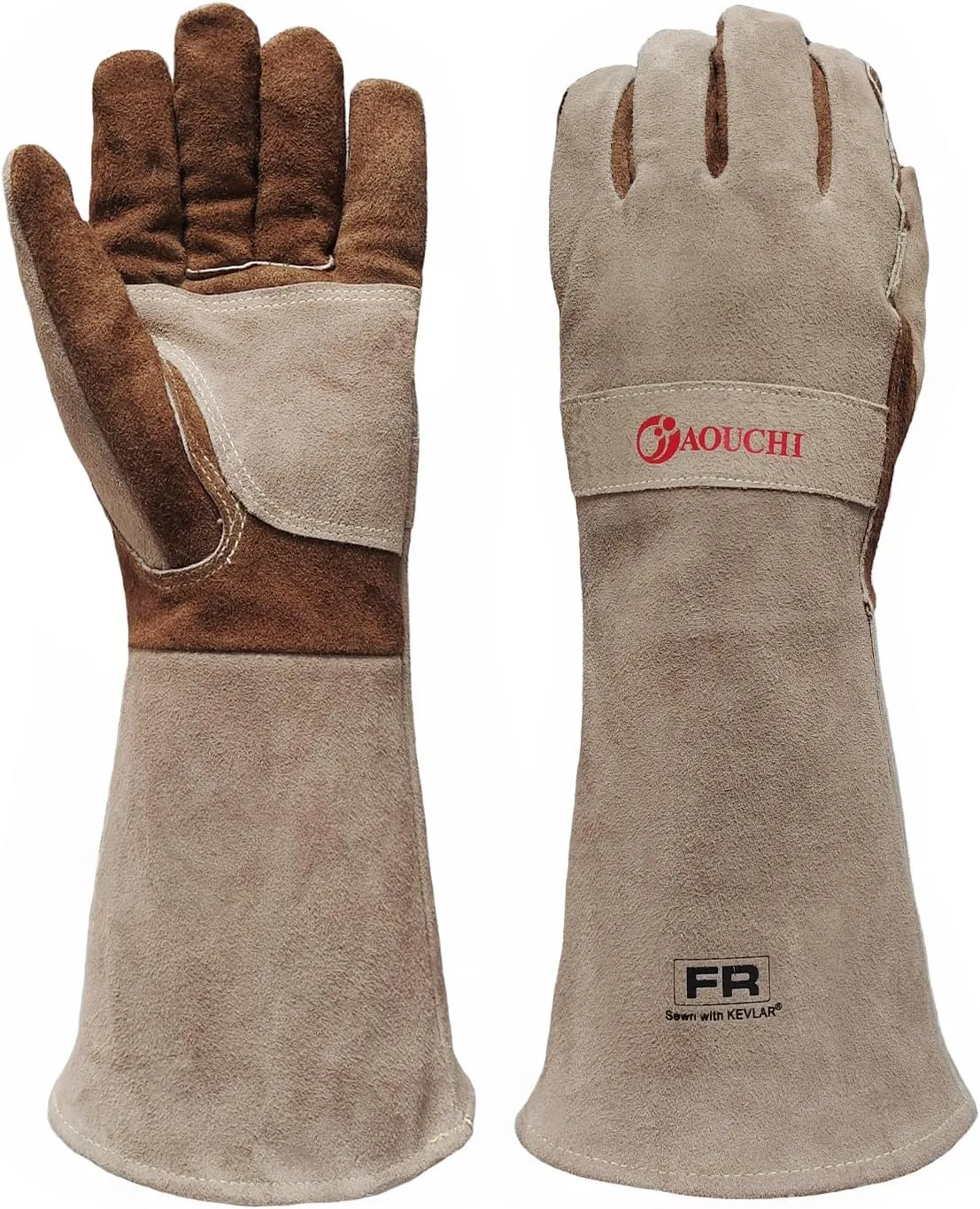 Cowhide BBQ Welding Gloves, Long Sleeve Fireproof and Heat Resistant Mitts for Barbecue, Firefighting, Fireplace, Oven