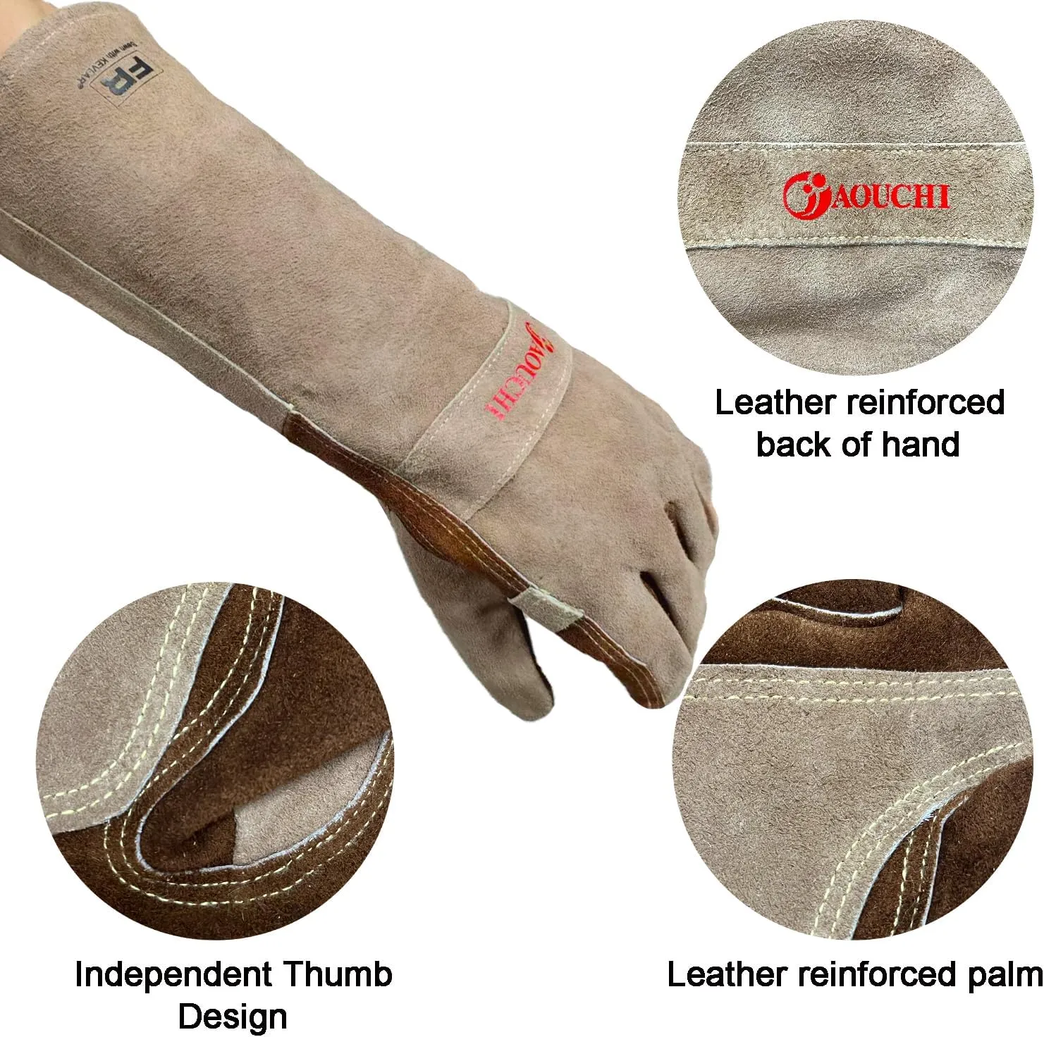 Cowhide BBQ Welding Gloves, Long Sleeve Fireproof and Heat Resistant Mitts for Barbecue, Firefighting, Fireplace, Oven