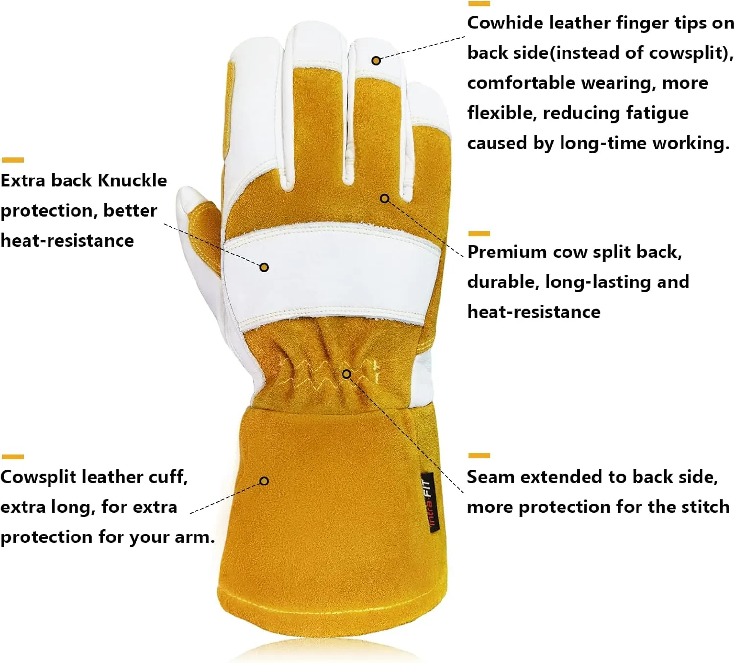Cowhide MIG Welding Gloves Long Cuff, EN388-2132X, EN407-413X4X, EN12477 TYPE A
