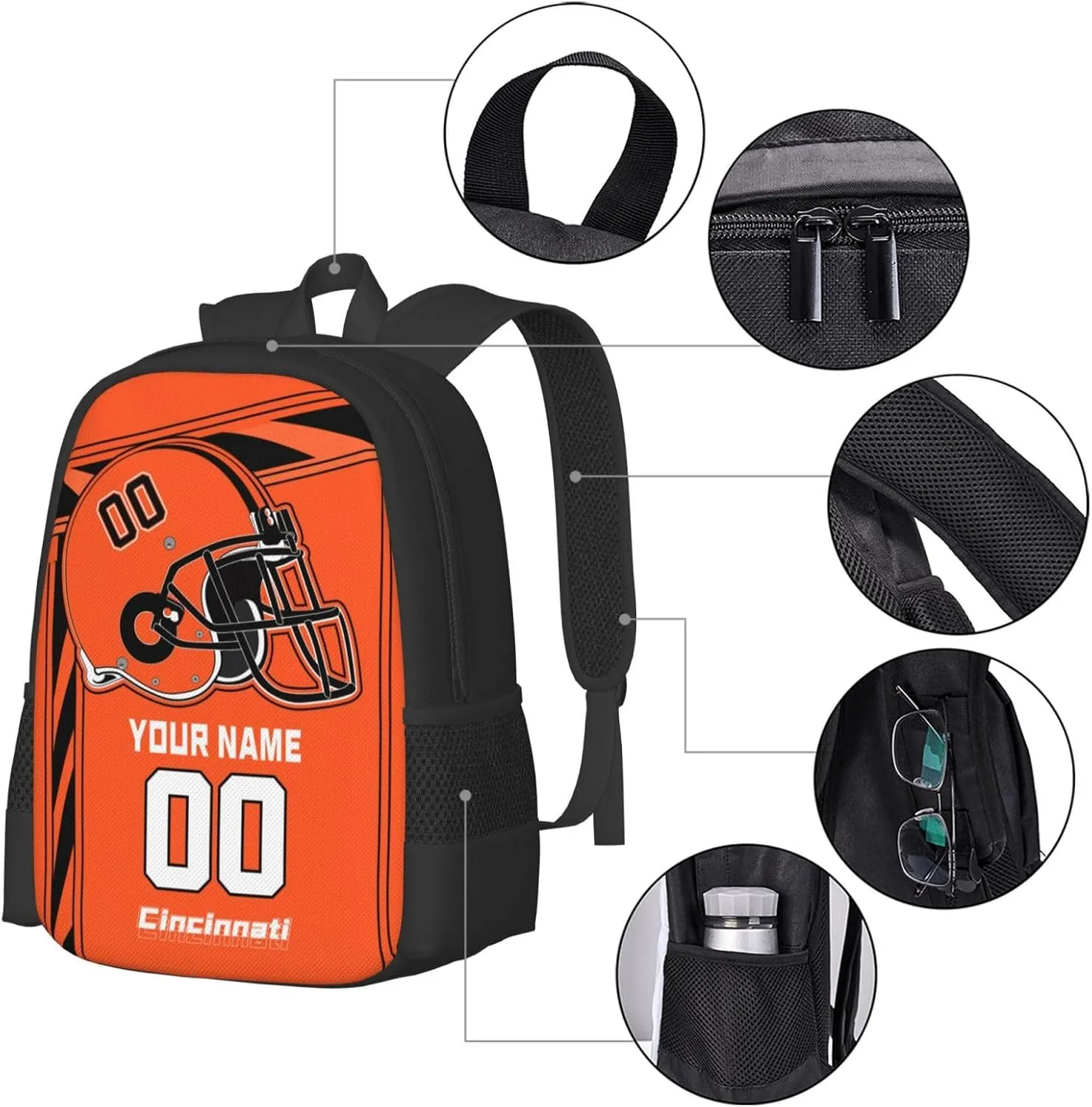 Custom Cincinnati Backpack Personalized Name Number, Customize High Capacity Bookbag 17 Inch Laptop Bag Travel Backpack Gifts for Men Women Boys