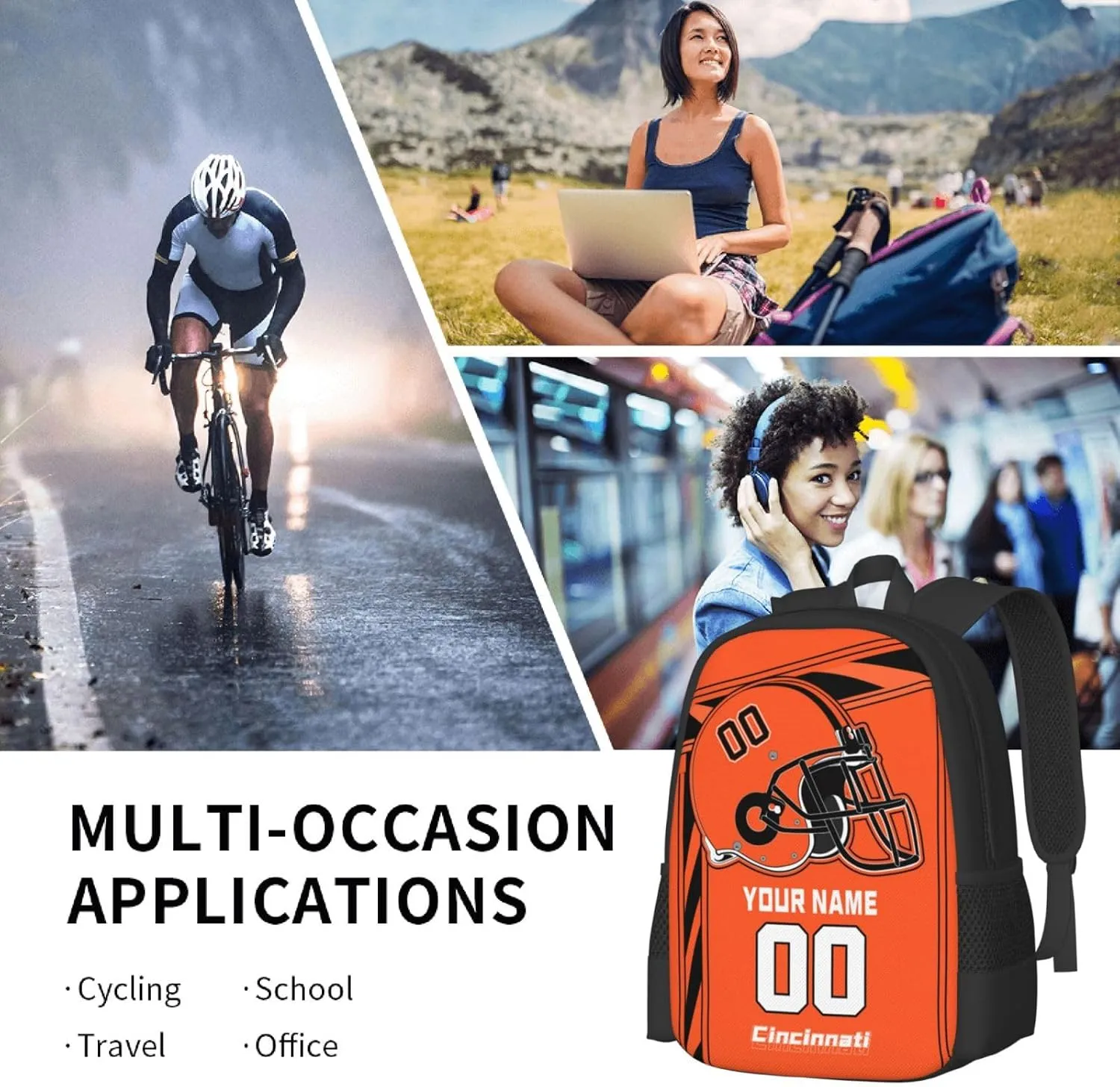 Custom Cincinnati Backpack Personalized Name Number, Customize High Capacity Bookbag 17 Inch Laptop Bag Travel Backpack Gifts for Men Women Boys