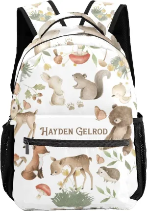 Custom Kid Backpack, Woodland Forest Animals Safari Personalized School Bookbag with Your Own Name, Customization Casual Bookbags for Student Girls Boys