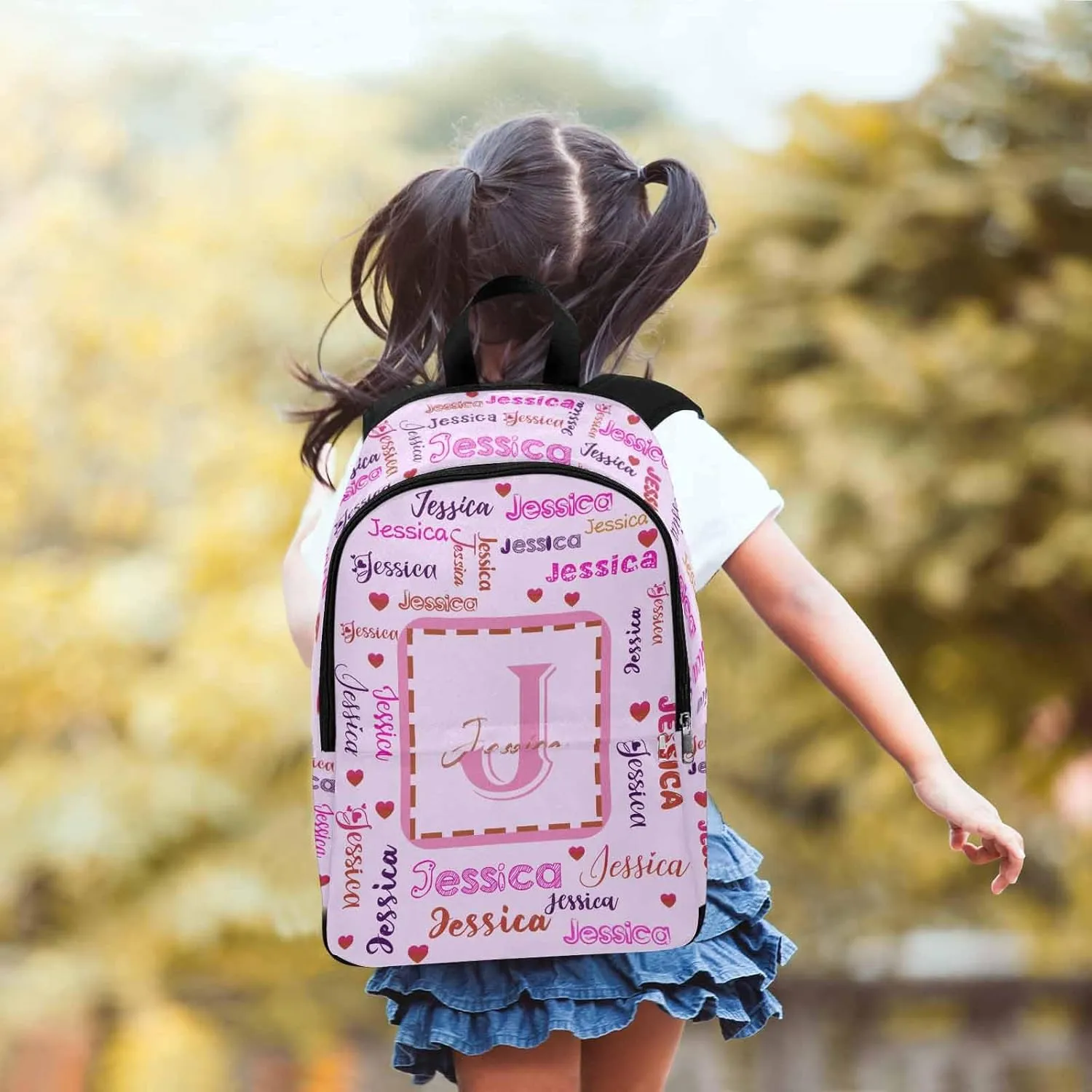 Custom Name Kid's Backpack Pink Red Text Hearts Pink Personalized School Bookbag with Your Own Name Customization Casual Bookbags for Student Girls Boys on Birthday Christmas School Season