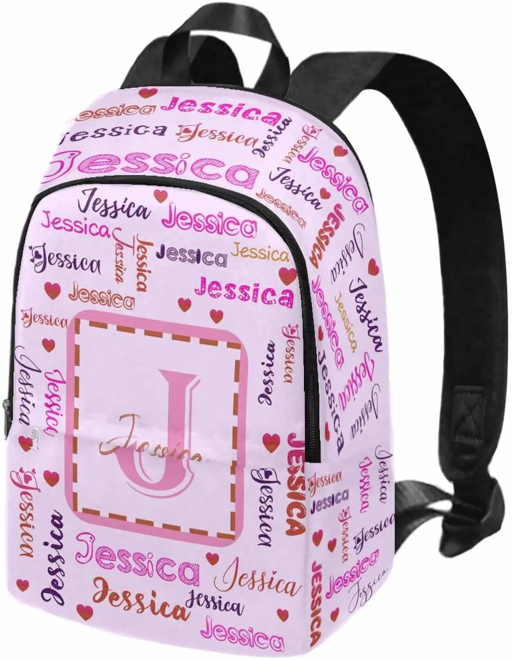 Custom Name Kid's Backpack Pink Red Text Hearts Pink Personalized School Bookbag with Your Own Name Customization Casual Bookbags for Student Girls Boys on Birthday Christmas School Season