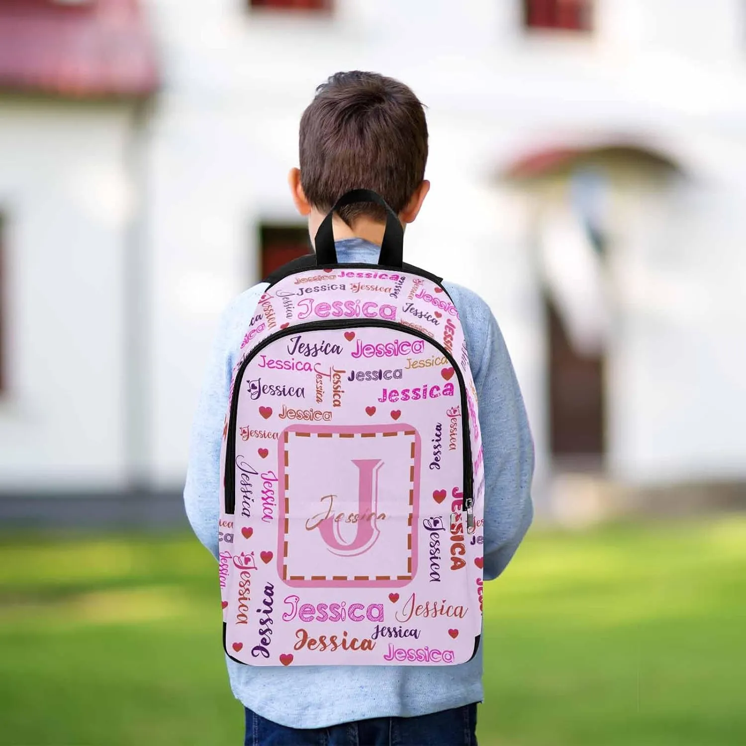 Custom Name Kid's Backpack Pink Red Text Hearts Pink Personalized School Bookbag with Your Own Name Customization Casual Bookbags for Student Girls Boys on Birthday Christmas School Season