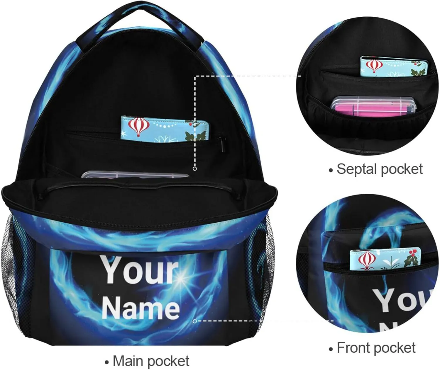 Custom You Name Blue Flame Dragon Backpack,Casual Daypacks Outdoor Sports Rucksack School Shoulder Bag for Men Women Boys Girls 12x7.3x16.9in