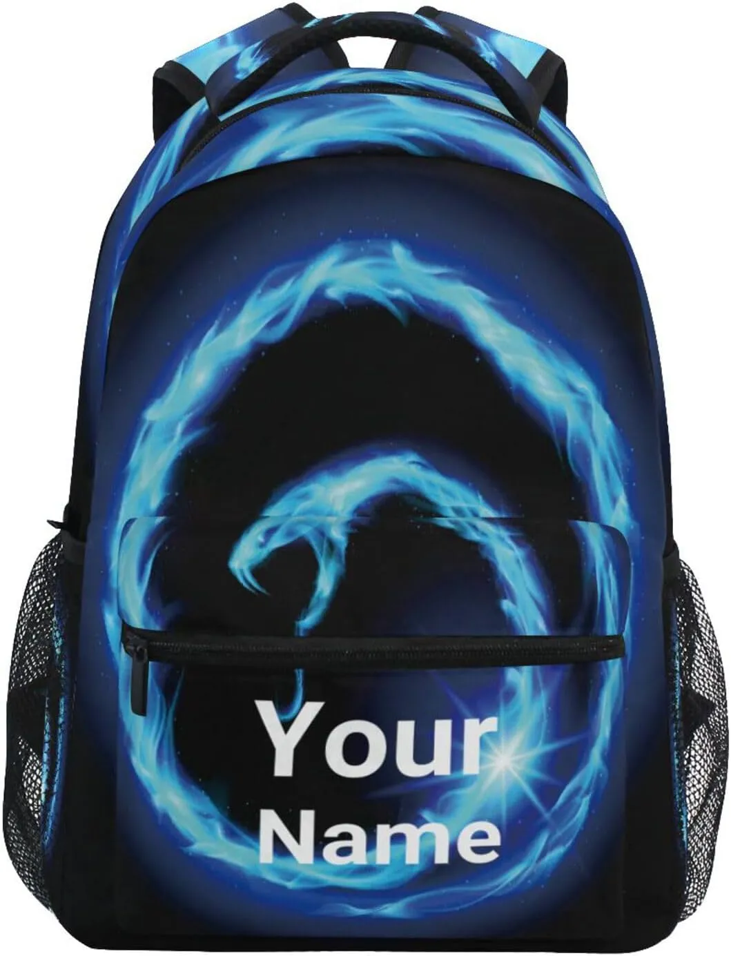 Custom You Name Blue Flame Dragon Backpack,Casual Daypacks Outdoor Sports Rucksack School Shoulder Bag for Men Women Boys Girls 12x7.3x16.9in