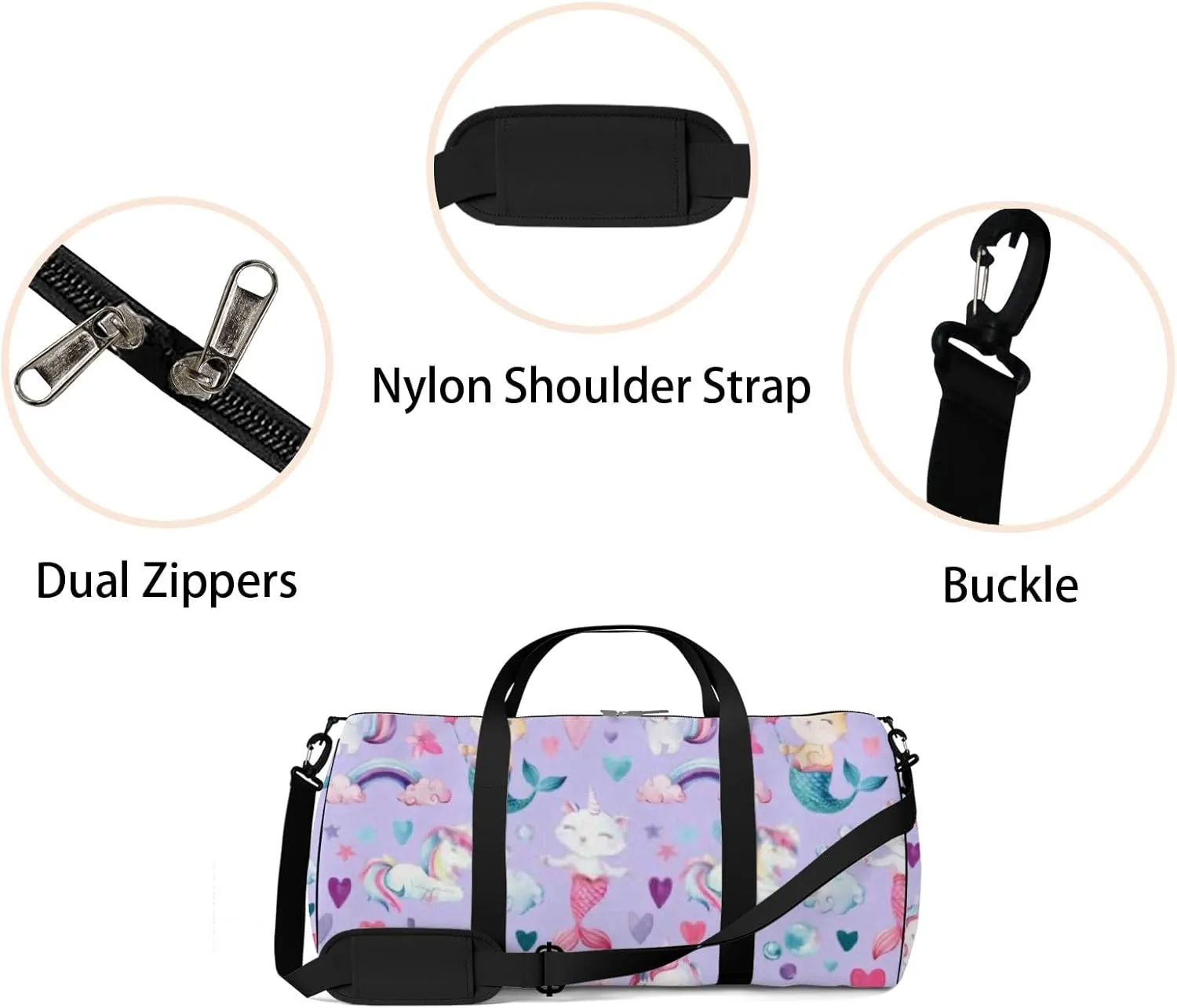 Cute Purple Red Baby Pony Mermaids Sports Bag Tote Bag Waterproof Gym Bag with Shoulder Strap Zipper 2 Side Pockets for Men and Women, Travel and Storage Shoulder Bag.