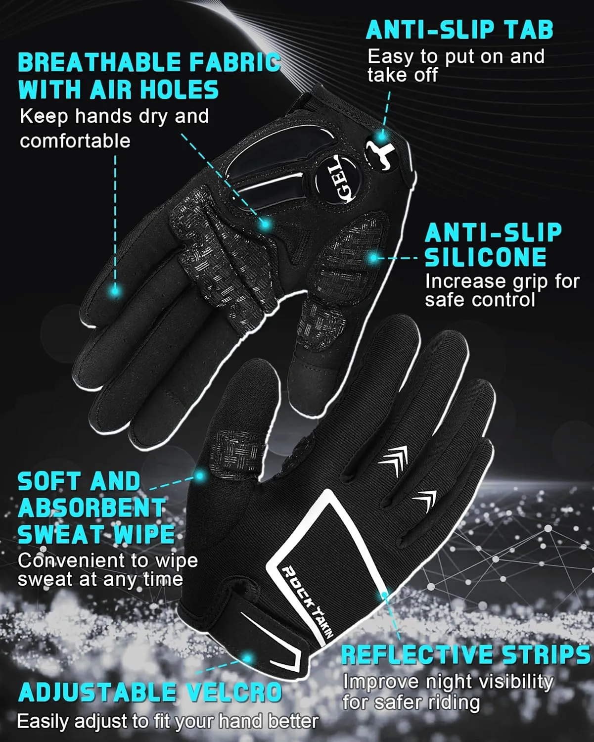 Cycling Gloves for Men Women, 5MM Gel Pad Shock-Absorbing Bike Gloves with Touch Screen Sweat Wipe Breathable Anti-Slip Full Finger Biking Gloves for MTB Road Bicycle