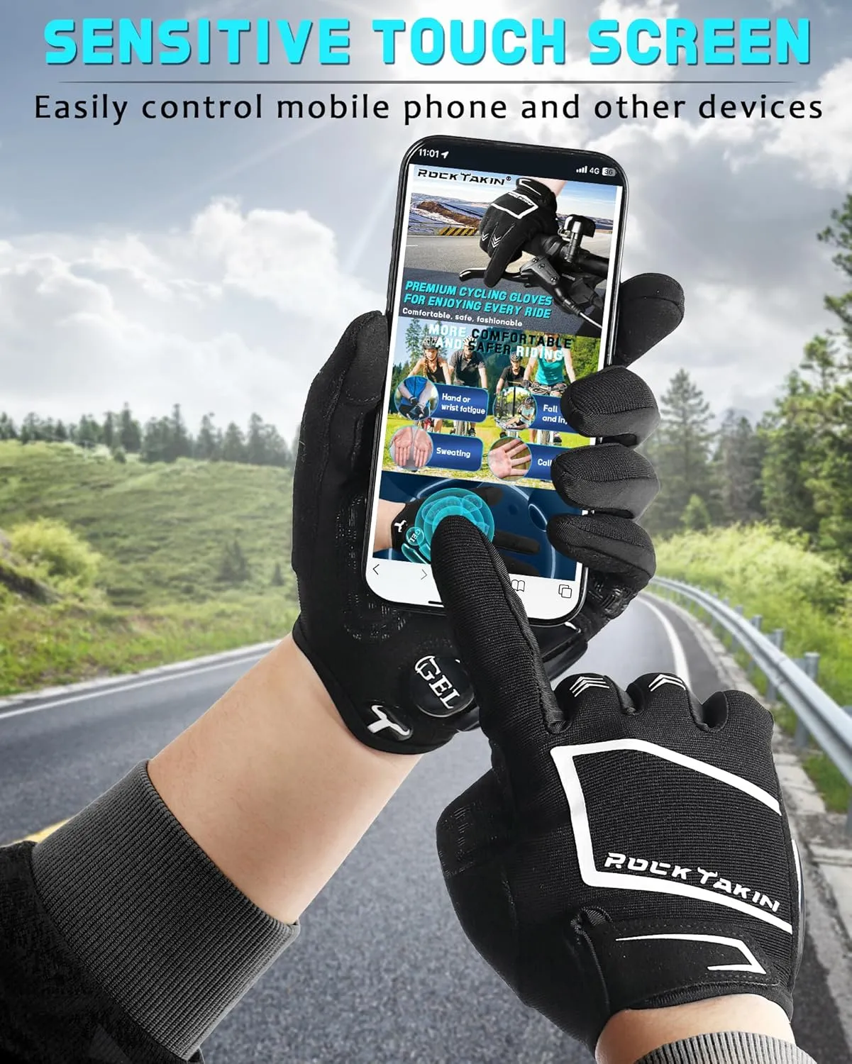 Cycling Gloves for Men Women, 5MM Gel Pad Shock-Absorbing Bike Gloves with Touch Screen Sweat Wipe Breathable Anti-Slip Full Finger Biking Gloves for MTB Road Bicycle