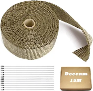 Deecam Exhaust Wrap, 2'' x 50 ft Motorcycle Header Heat Wrap, Titanium Exhaust Heat Shield Tape for Exhaust Pipe with 12 Stainless Locking Ties
