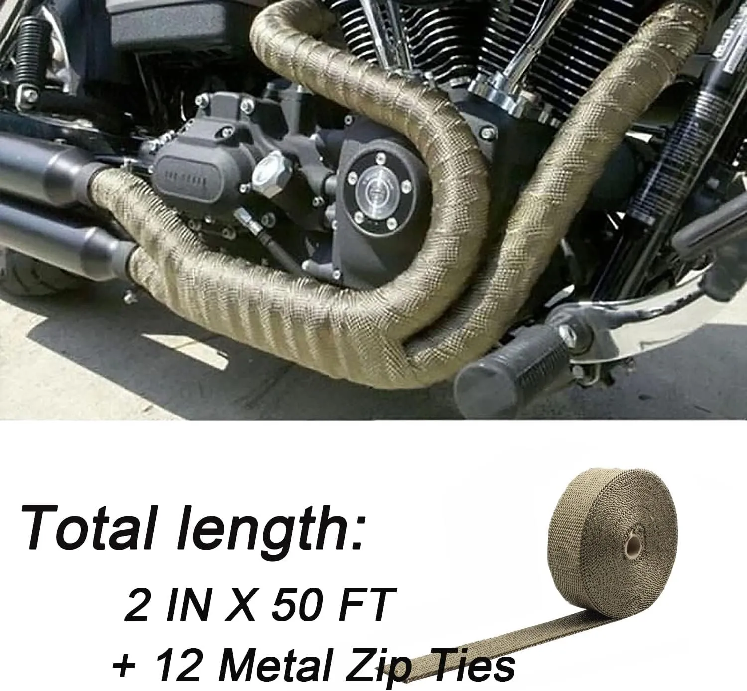 Deecam Exhaust Wrap, 2'' x 50 ft Motorcycle Header Heat Wrap, Titanium Exhaust Heat Shield Tape for Exhaust Pipe with 12 Stainless Locking Ties