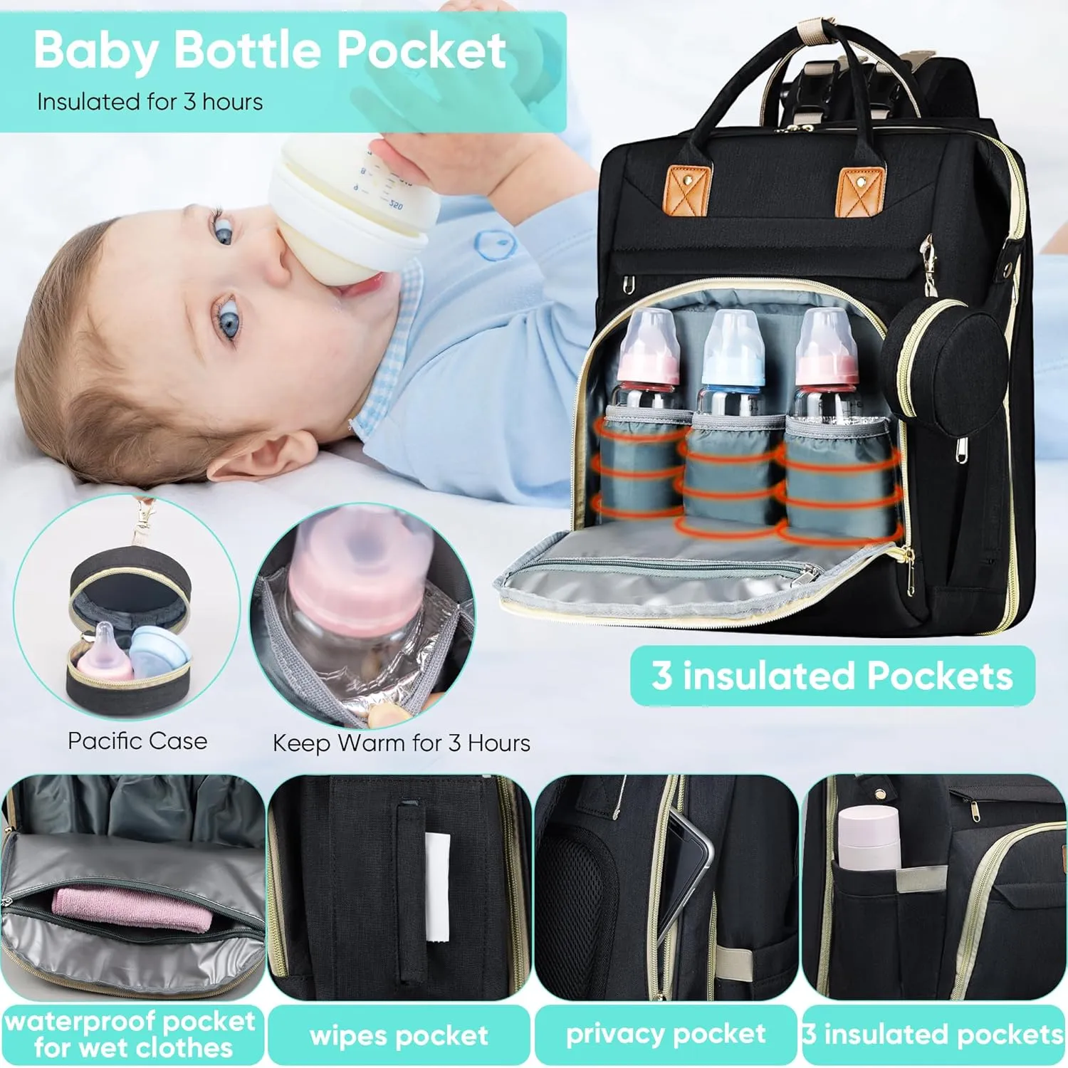 Diaper Bag Backpack for Mom and Dad, Large Capacity Baby Travel Bag with USB Charging Port, Waterproof Foldable Baby Bag for Boys and Girls, Stylish Maternity Backpack for Travel & Hospital， Black