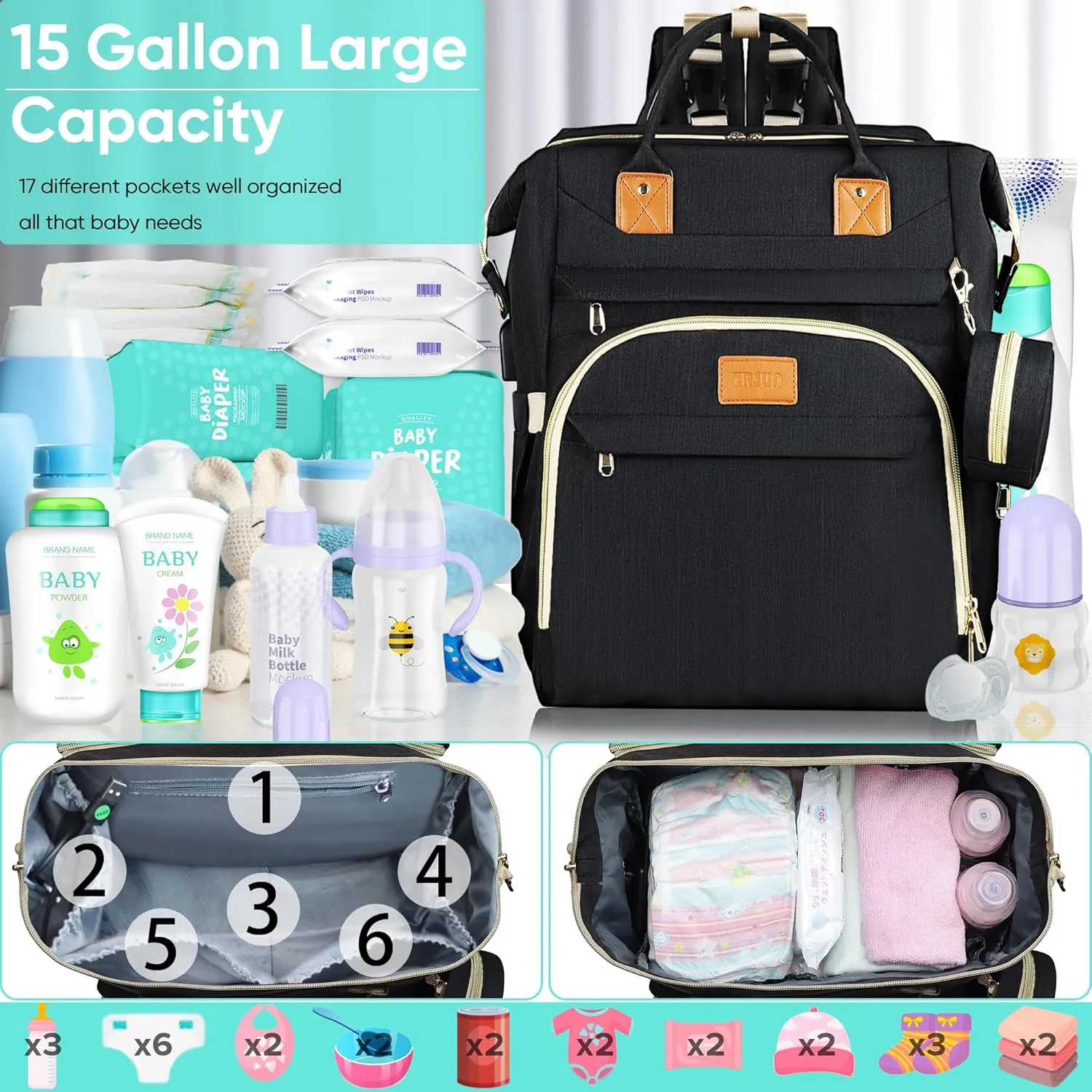 Diaper Bag Backpack for Mom and Dad, Large Capacity Baby Travel Bag with USB Charging Port, Waterproof Foldable Baby Bag for Boys and Girls, Stylish Maternity Backpack for Travel & Hospital， Black