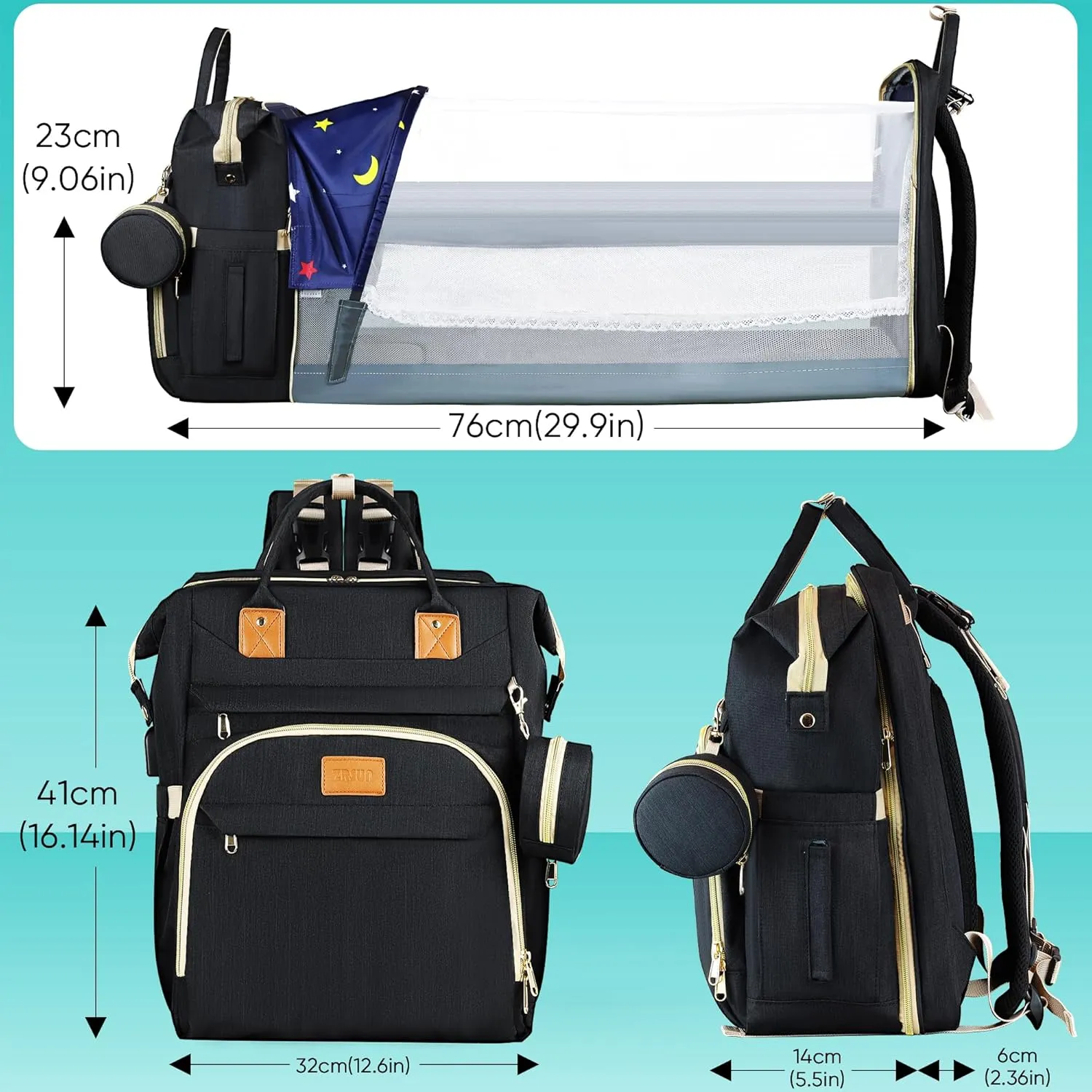 Diaper Bag Backpack for Mom and Dad, Large Capacity Baby Travel Bag with USB Charging Port, Waterproof Foldable Baby Bag for Boys and Girls, Stylish Maternity Backpack for Travel & Hospital， Black