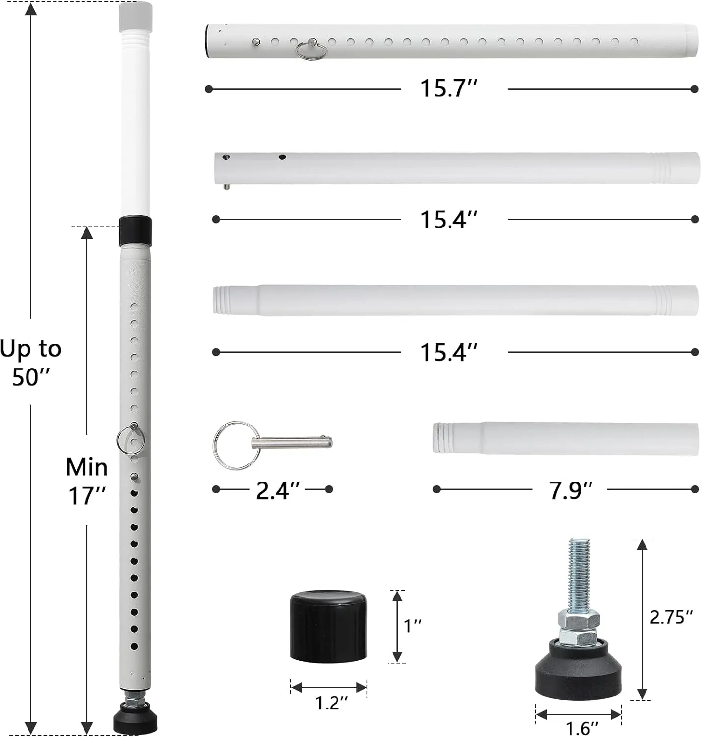 DIIG Sliding Door Security Bar，17.7-50.5inch Adjustable Locking Window Safety Bar with Rubber Tips,Diameter 1inch Window Security Bar for Home Apartment Travel (White)