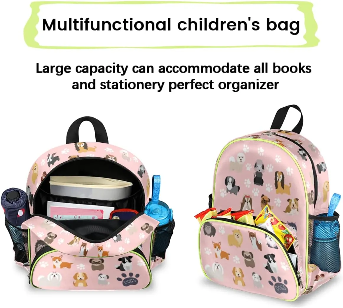 Dog Backpack for School Girls Kids,Puppy Pink Toddler Backpack Waterproof Casual Daypack Preschool Kindergarten Bookbag with Chest Strap for Back to School 14.2 In