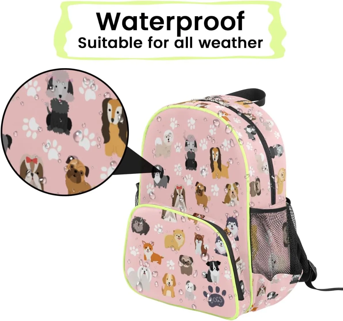 Dog Backpack for School Girls Kids,Puppy Pink Toddler Backpack Waterproof Casual Daypack Preschool Kindergarten Bookbag with Chest Strap for Back to School 14.2 In