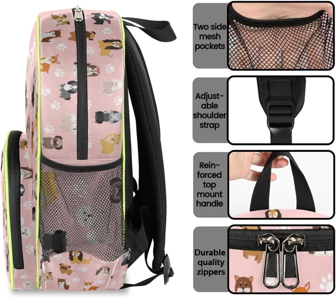 Dog Backpack for School Girls Kids,Puppy Pink Toddler Backpack Waterproof Casual Daypack Preschool Kindergarten Bookbag with Chest Strap for Back to School 14.2 In