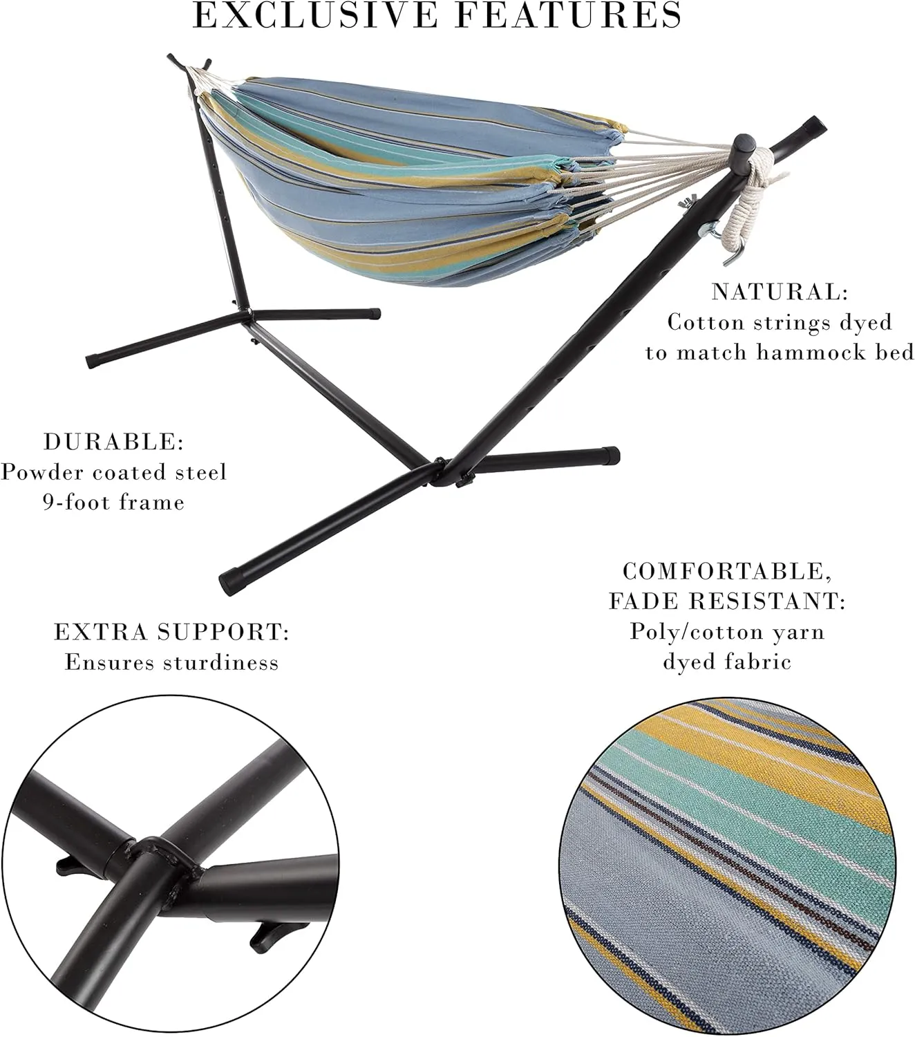 Double Brazilian Hammock with Stand Included - Woven Cotton, 2-Person, Outdoor Swing with Frame for Camping, Backyard, or Patio by Pure Garden