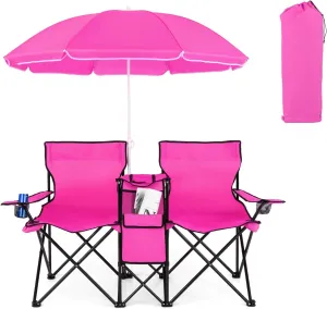 Double Camping Chair, 2-Person Portable Beach Chair w/Removable Umbrella, Cup Holders & Carrying Bag, Folding Loveseat Chairs for Adults Outdoor Picnic (Pink)