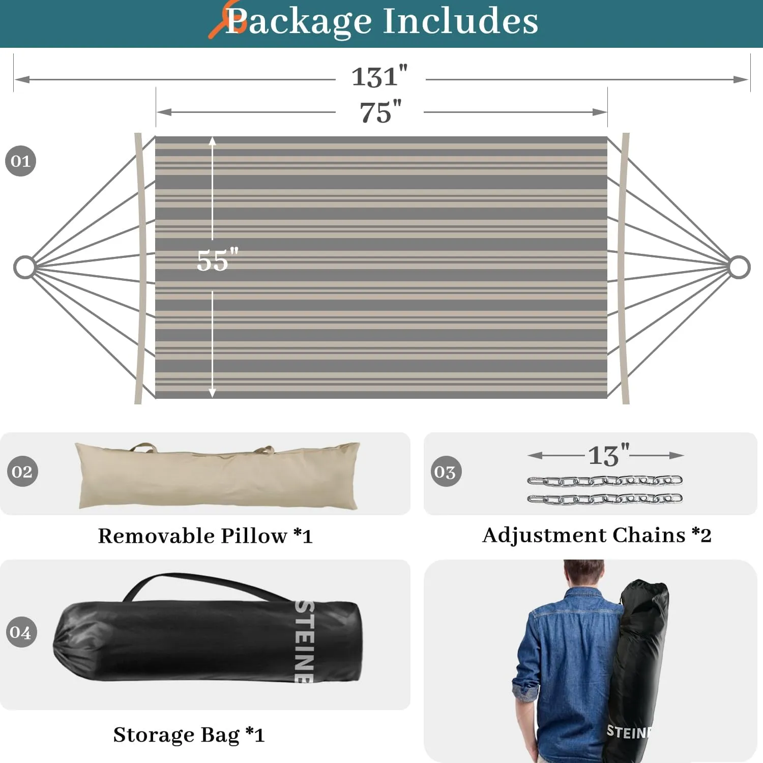 Double Hammock, 11 FT Quilted Fabric 2 Person Hammock for Outside with Pillow, Folding Curved Spreader Bar, Chains, Carrying Bag, Indoor Outdoor, 450 IB Capacity, BlanchedAlmond