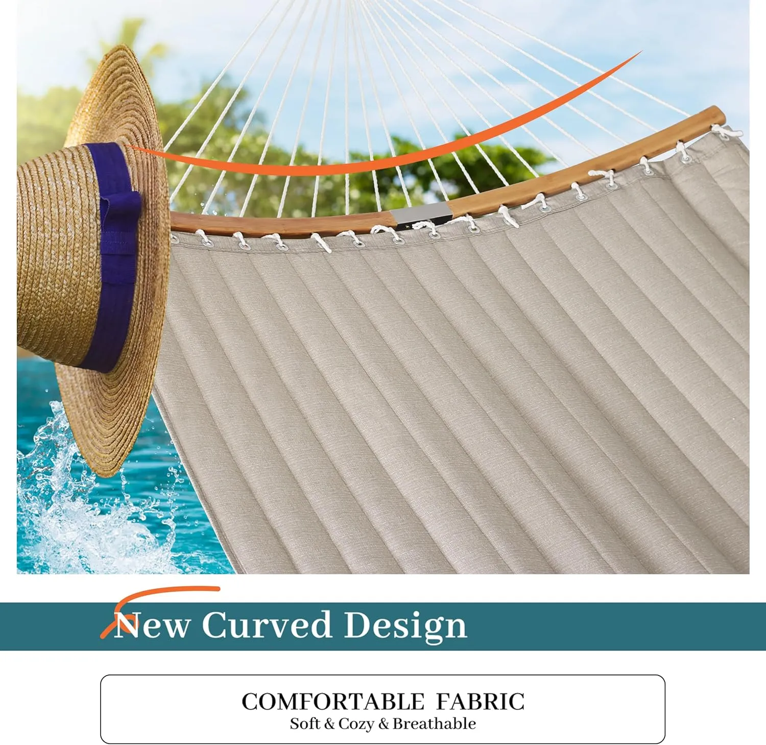 Double Hammock, 11 FT Quilted Fabric 2 Person Hammock for Outside with Pillow, Folding Curved Spreader Bar, Chains, Carrying Bag, Indoor Outdoor, 450 IB Capacity, BlanchedAlmond