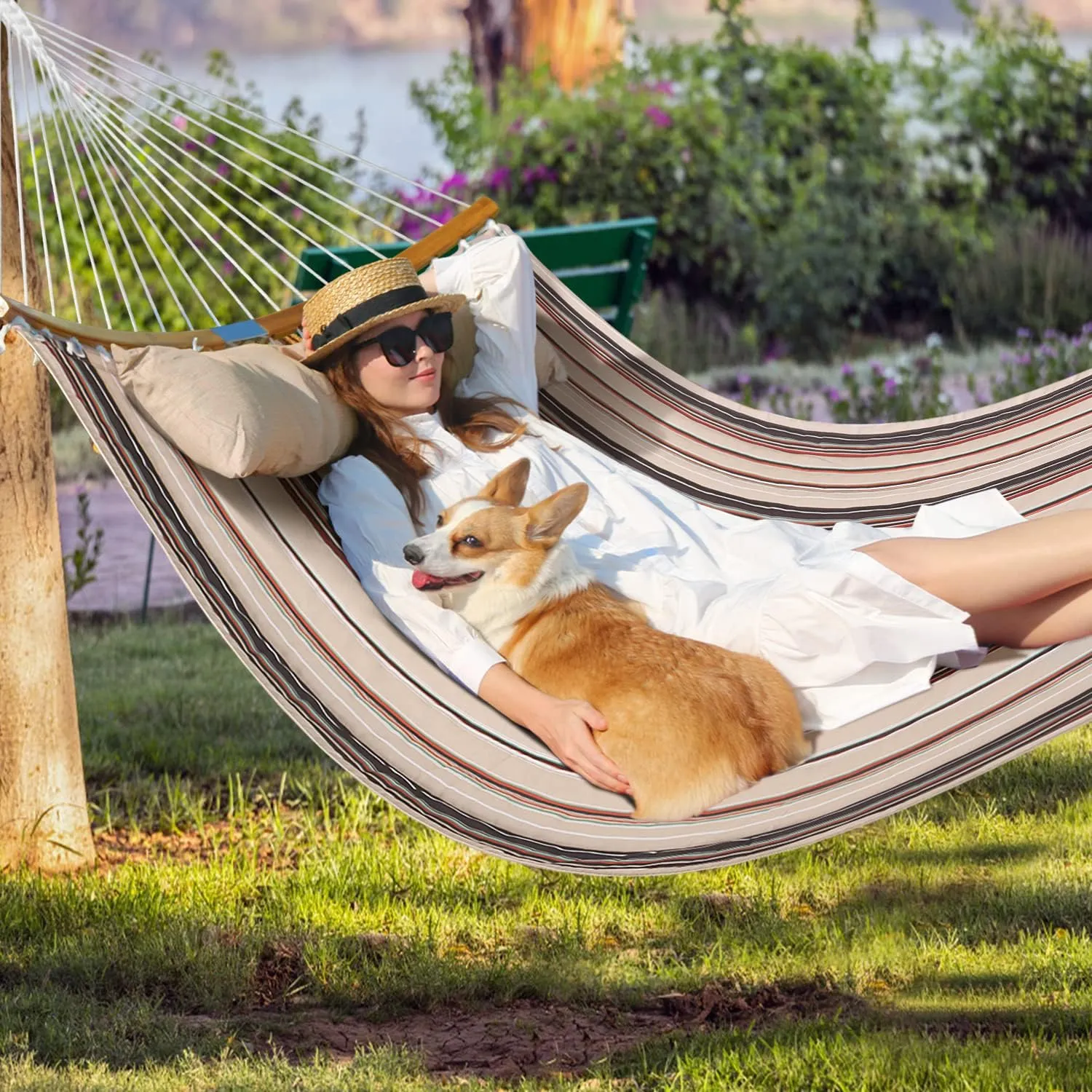 Double Hammock, 11 FT Quilted Fabric 2 Person Hammock for Outside with Pillow, Folding Curved Spreader Bar, Chains, Carrying Bag, Indoor Outdoor, 450 IB Capacity, Havana Brown
