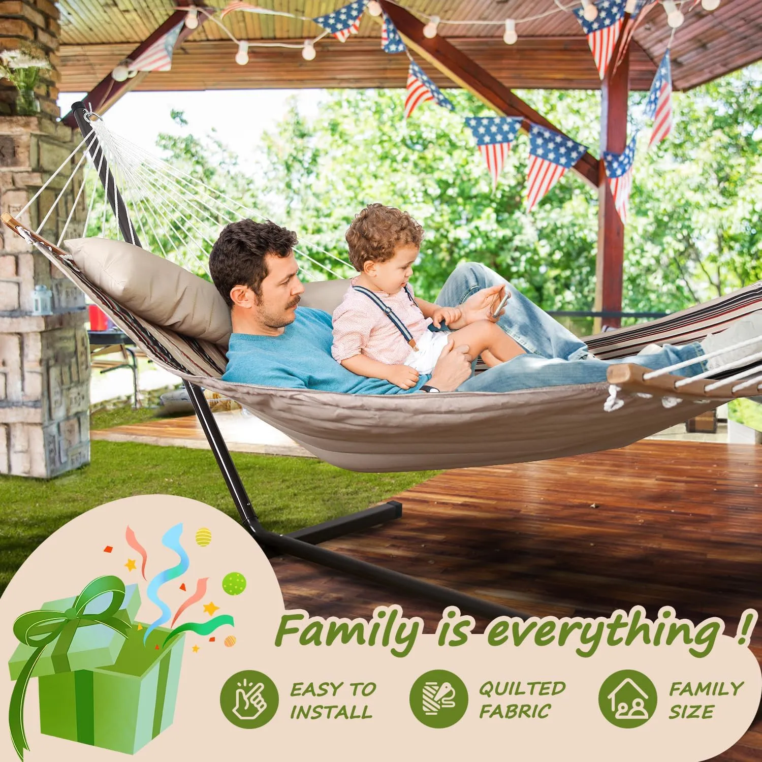 Double Hammock, 11 FT Quilted Fabric 2 Person Hammock for Outside with Pillow, Folding Curved Spreader Bar, Chains, Carrying Bag, Indoor Outdoor, 450 IB Capacity, Havana Brown