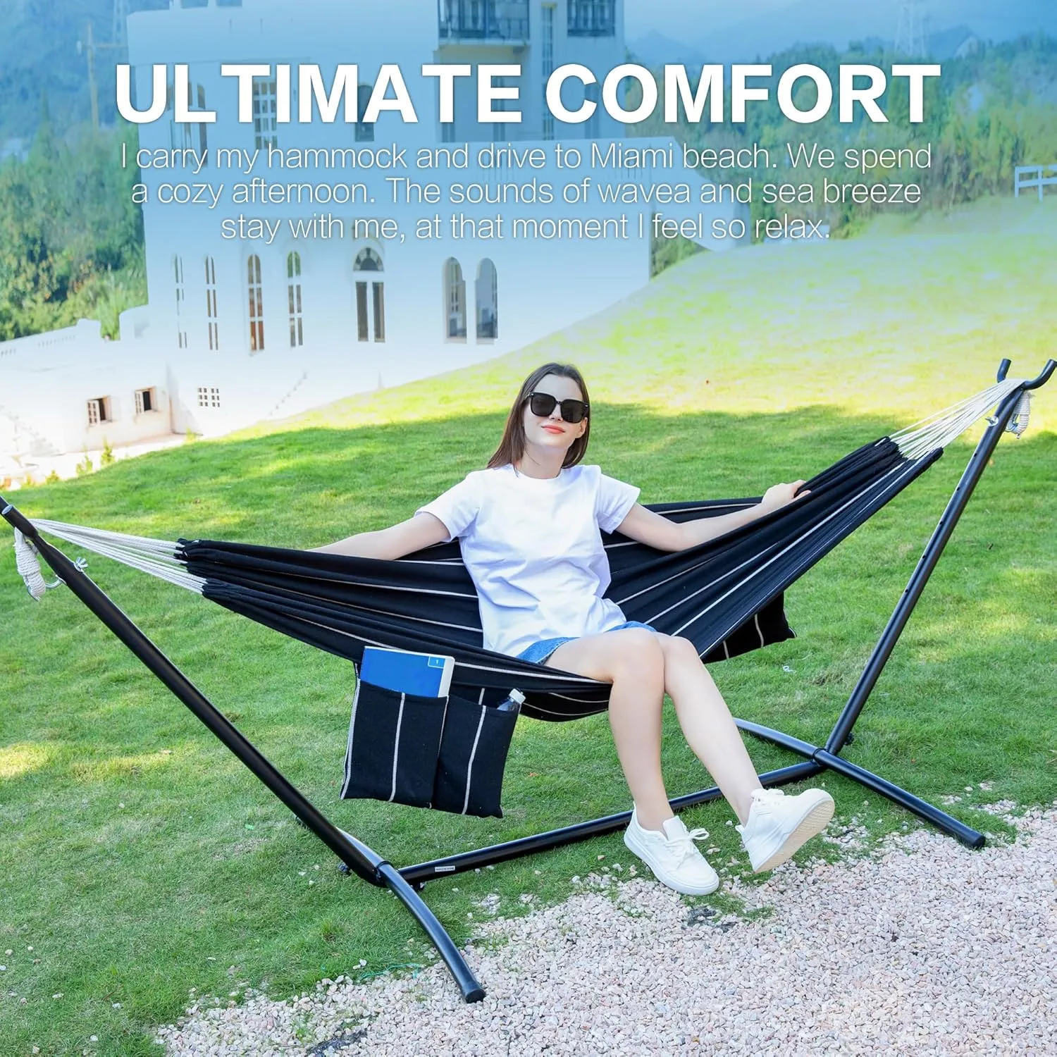 Double Hammock with Space Saving Steel Stand 2 Person Heavy Duty Garden Yard Outdoor 450lb Capacity Hammocks and Portable Carrying Bag (Chasm)