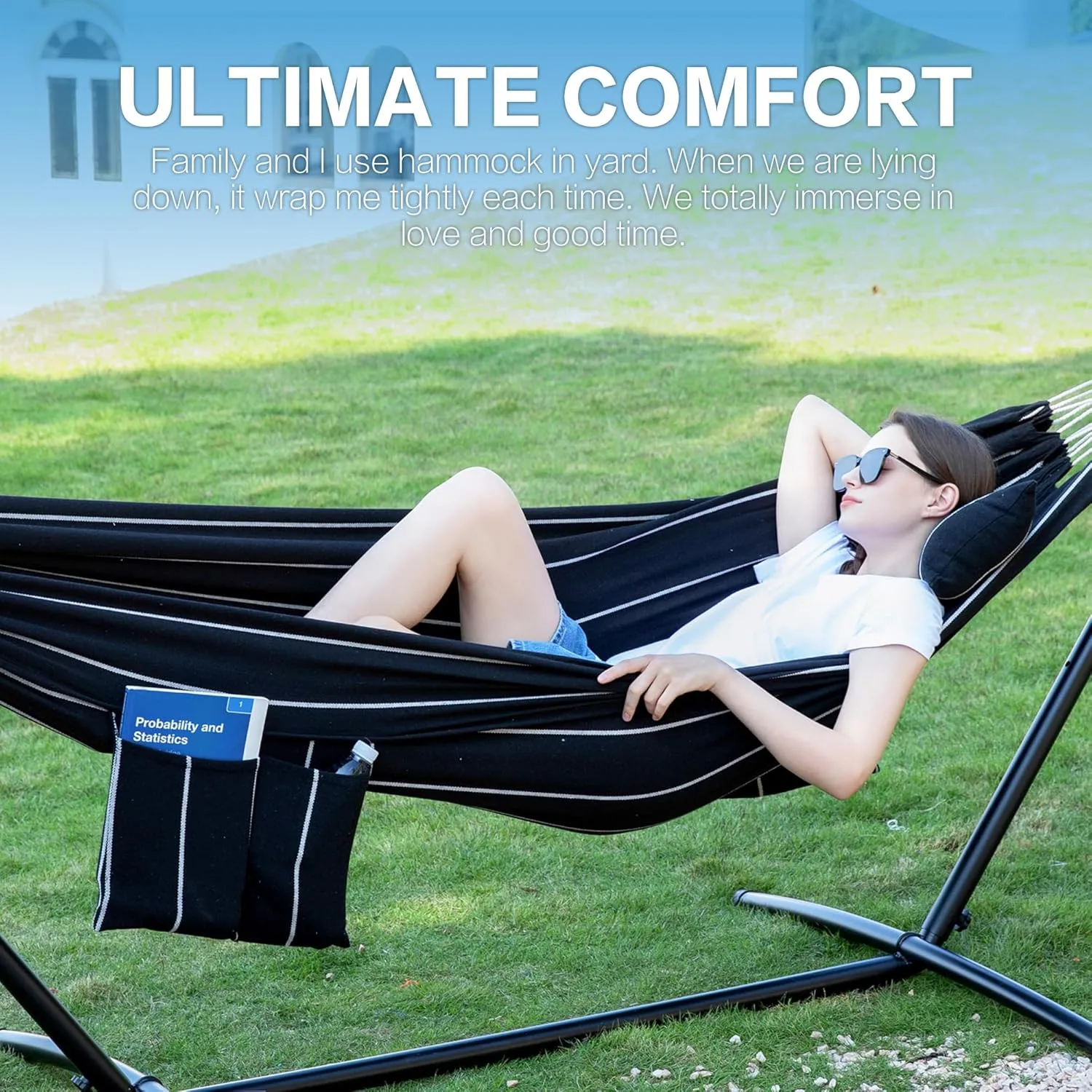 Double Hammock with Space Saving Steel Stand 2 Person Heavy Duty Garden Yard Outdoor 450lb Capacity Hammocks and Portable Carrying Bag (Chasm)
