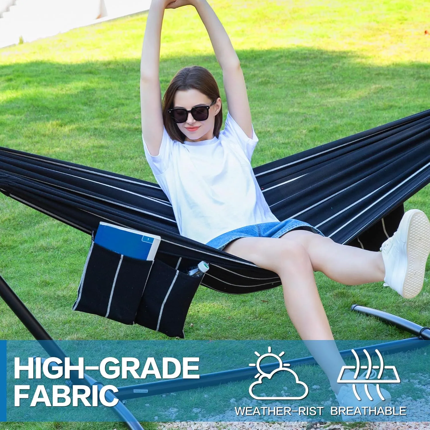 Double Hammock with Space Saving Steel Stand 2 Person Heavy Duty Garden Yard Outdoor 450lb Capacity Hammocks and Portable Carrying Bag (Chasm)