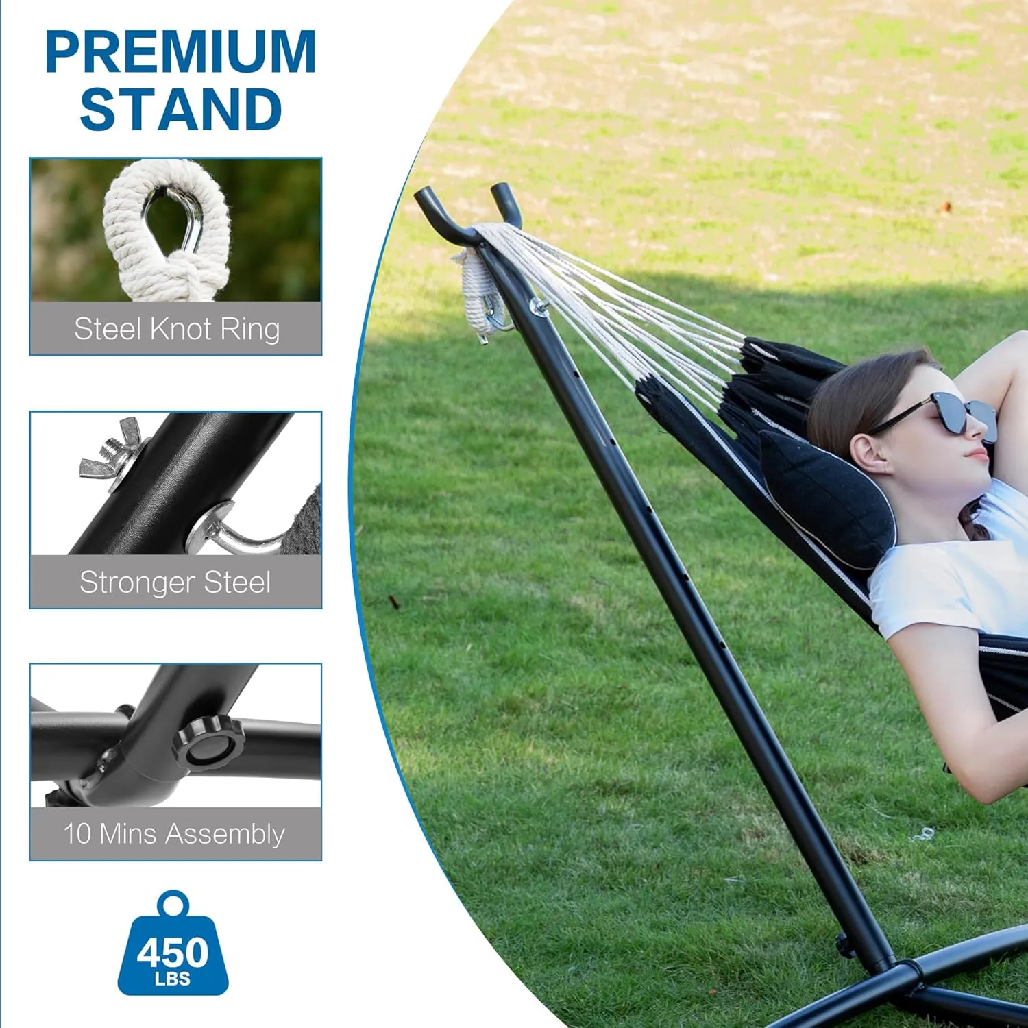 Double Hammock with Space Saving Steel Stand 2 Person Heavy Duty Garden Yard Outdoor 450lb Capacity Hammocks and Portable Carrying Bag (Chasm)