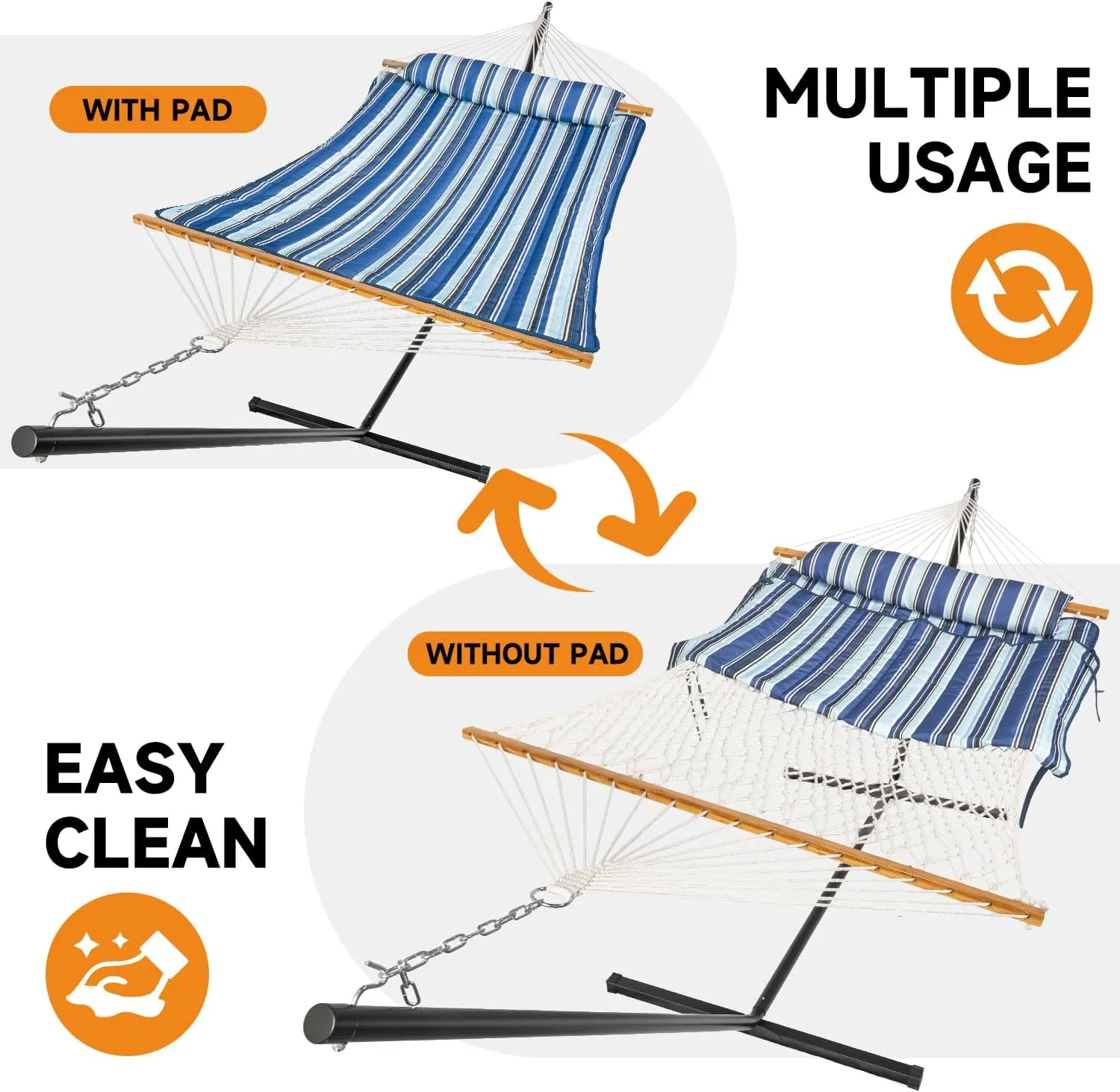 Double Hammock with Stand, 2 Person Cotton Rope Hammock with Removable Polyester Pad, 500LBS Capacity, Portable & Adjustable Design, Includes Storage Bag, Indoor Outdoor Use,Blue